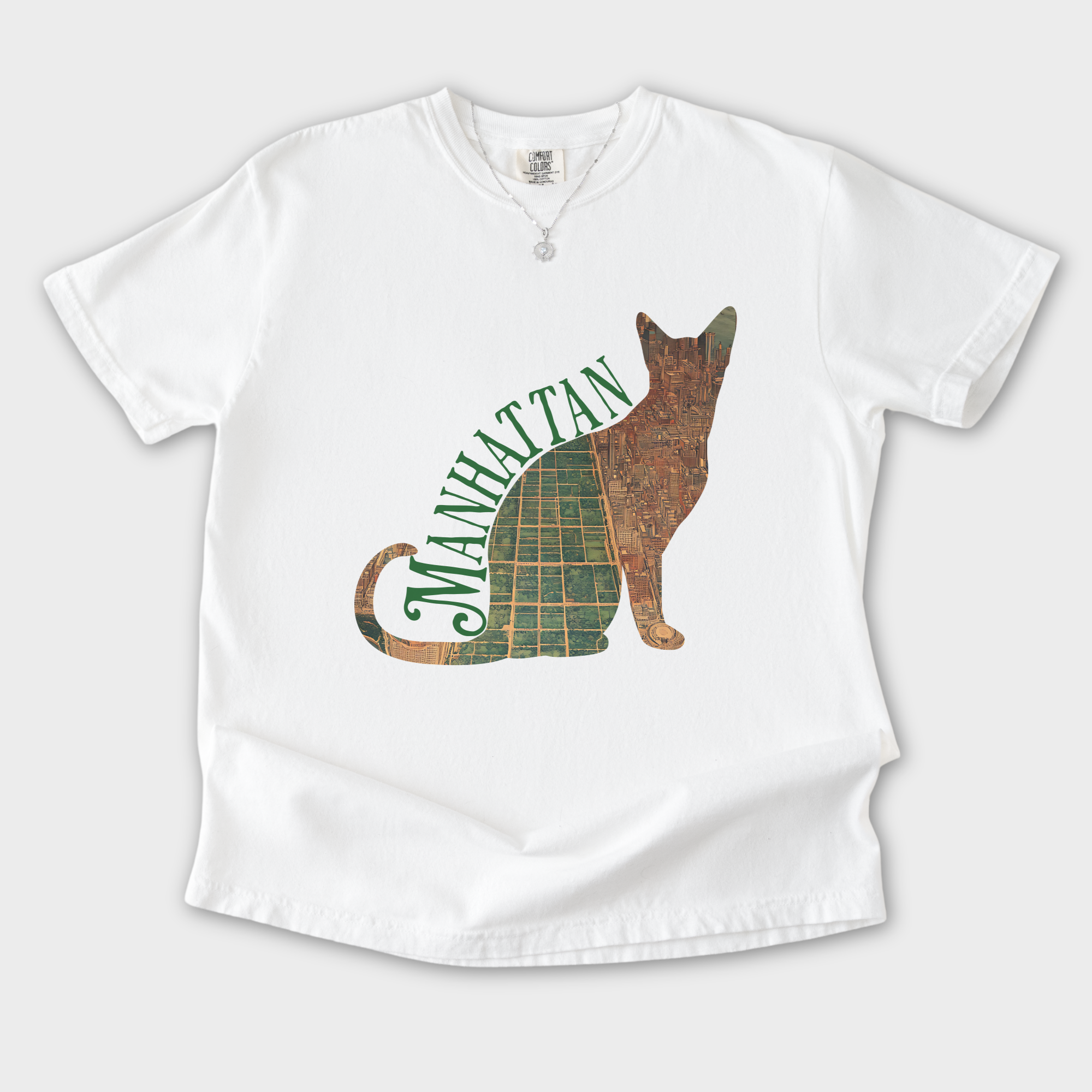 manhattan-central-park-cat-map-t-shirt-in-white - White Flat Lay Front