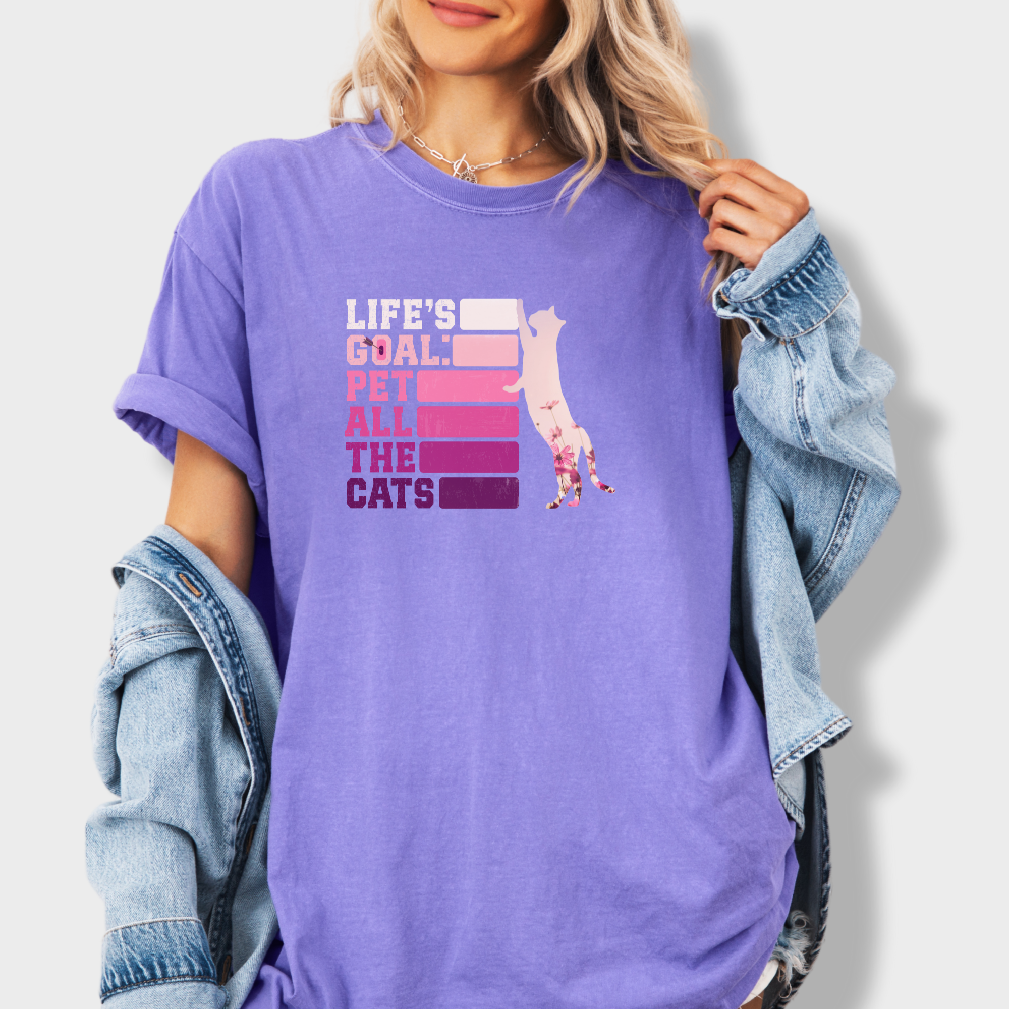 artistic-pet-all-the-cats-cat-text-comfort-colors-t-shirt-in-violet - Violet Lifestyle Female Model