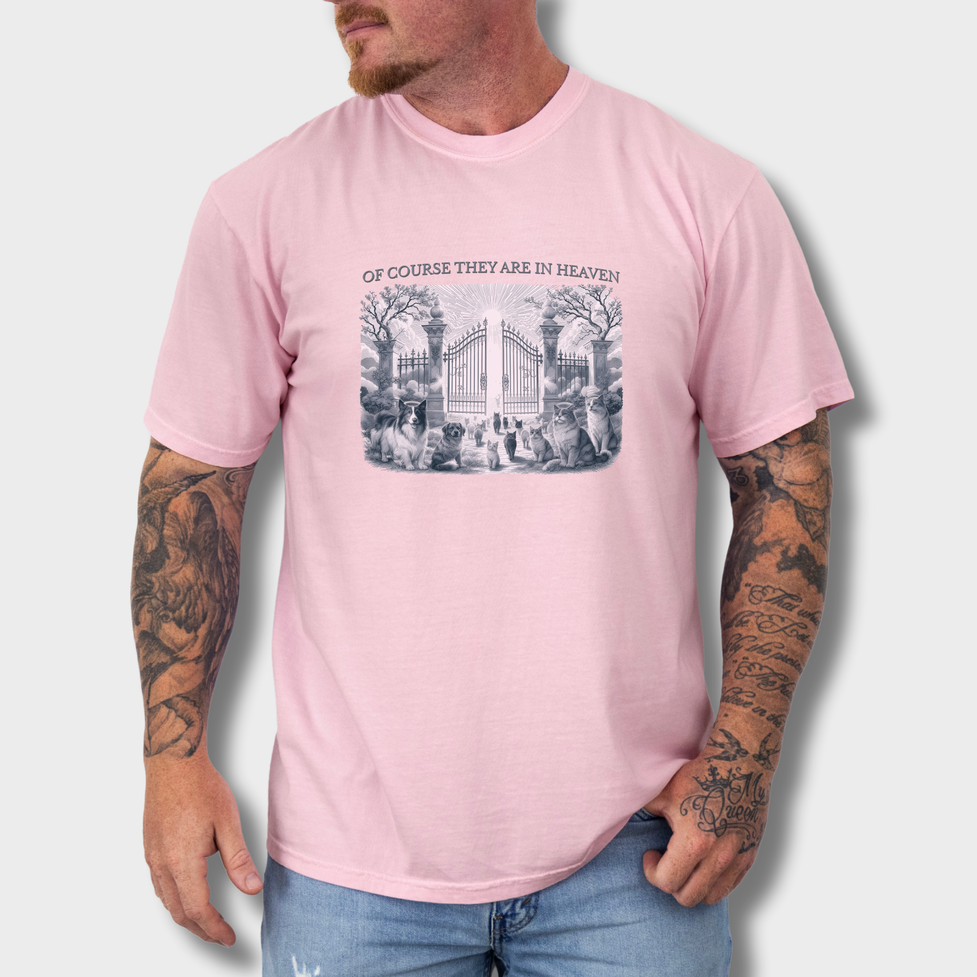 fetch-n-found  unisex tee for men and women featuring , Of Course They Are In Heaven Lavender Blossom graphic T-Shirt made of 100% cotton - Blossom Lifestyle Male Model