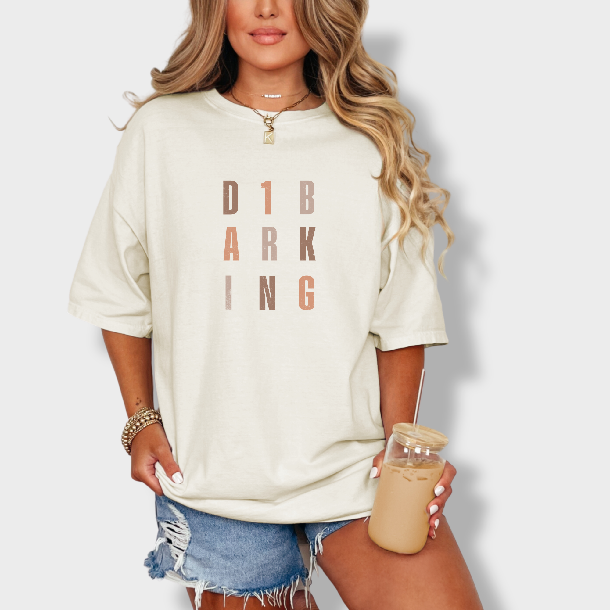 fetch-n-found  unisex tee for men and women featuring , D1 Barking Modern Neutral Grid Ivory graphic T-Shirt made of 100% cotton - Ivory Lifestyle Female Model