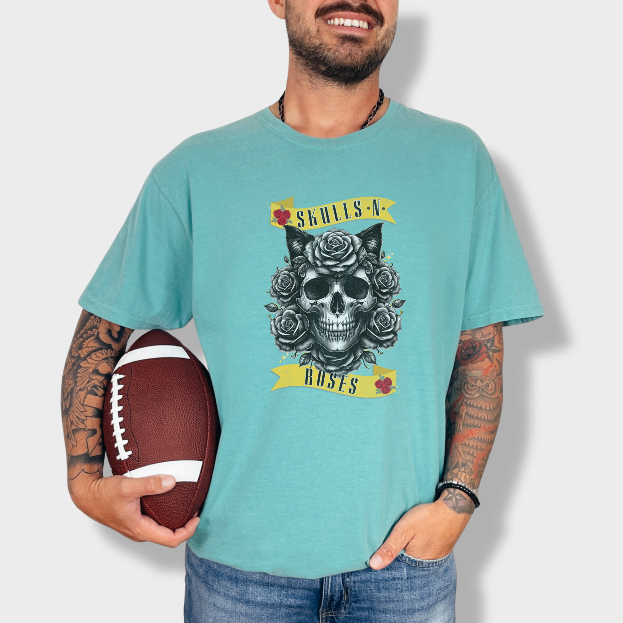 floral-pet-skulls-n-roses-solo-band-pet-skeleton-comfort-colors-t-shirt-in-seafoam - Seafoam Lifestyle Male Model