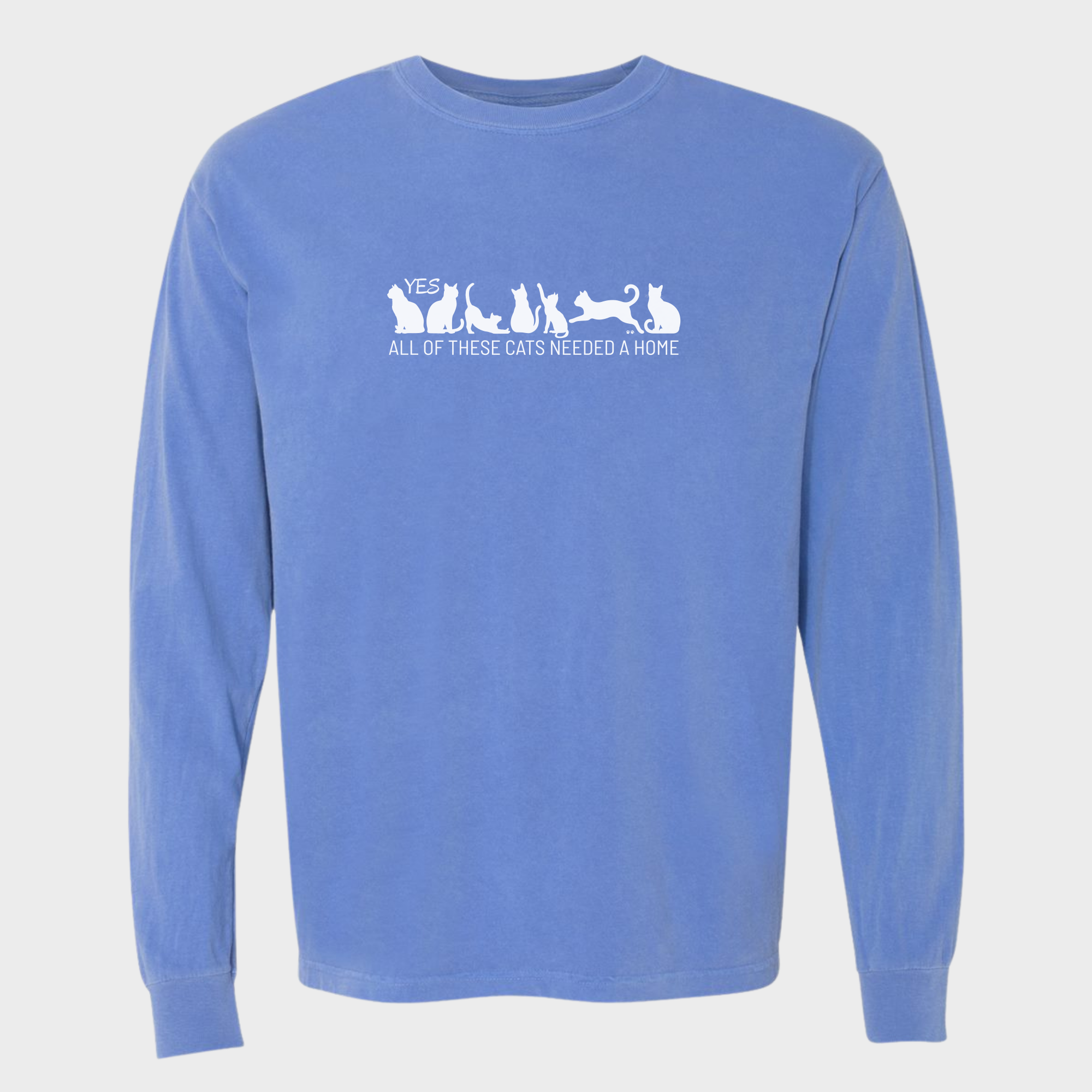 fetch-n-found  unisex tee for men and women featuring , Yes all of these cats needed a home Flo Blue graphic T-Shirt made of 100% cotton - Flo Blue 3D Front