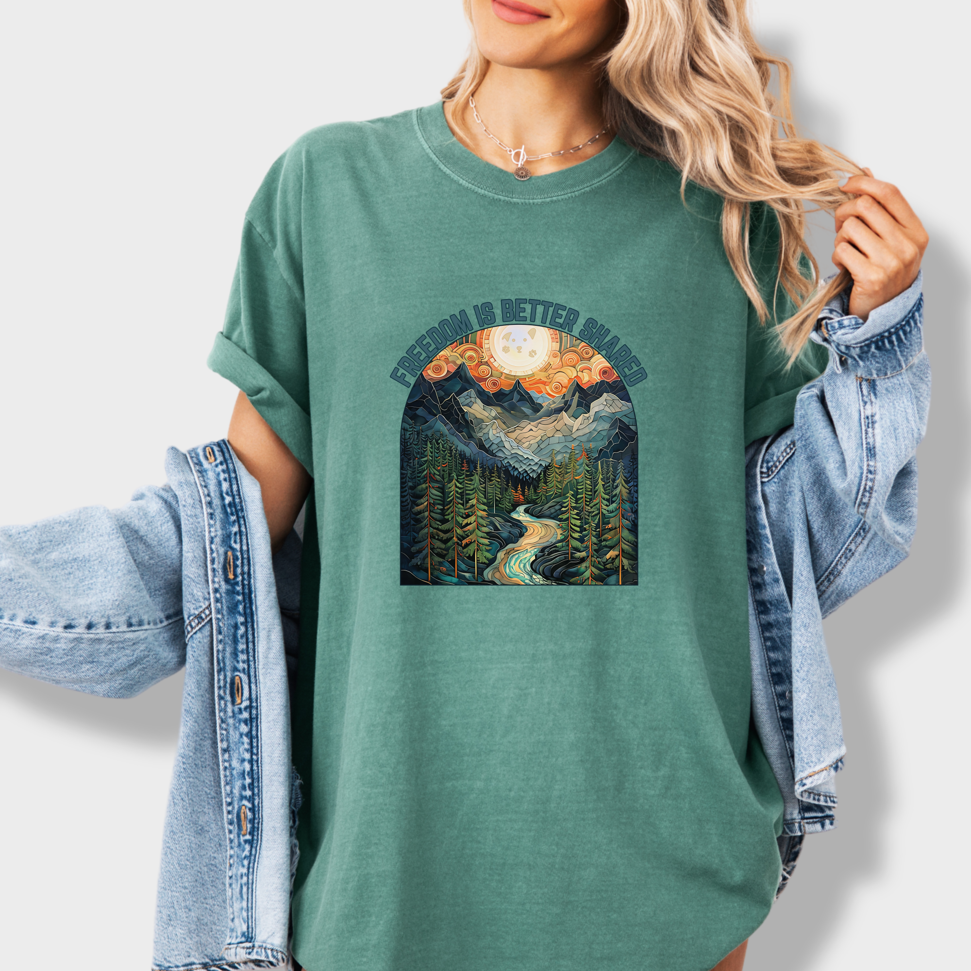 artistic-mountain-freedom-is-better-shared-stained-glass-version-dog-graphic-comfort-colors-t-shirt-in-light-green - Light Green Lifestyle Female Model