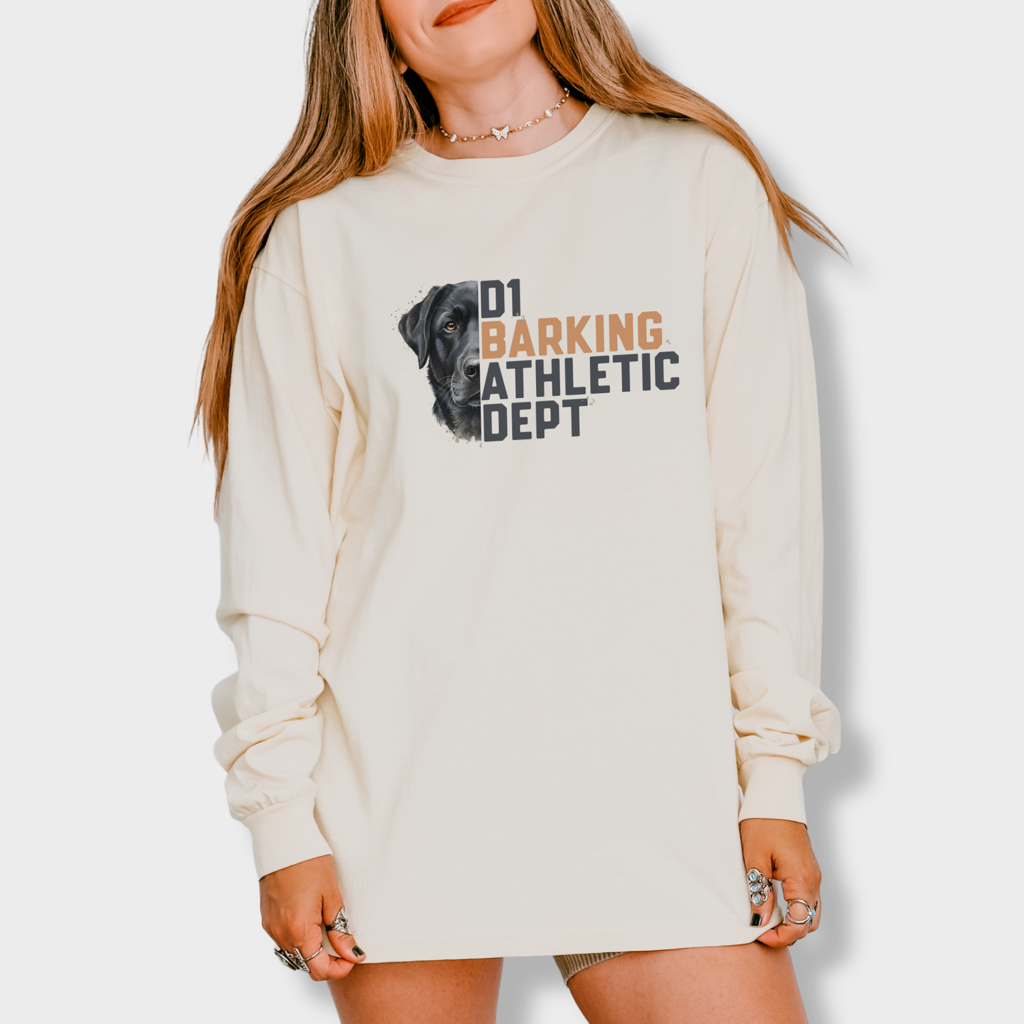 fetch-n-found  unisex tee for men and women featuring , D1 Barking Athletic Department Ivory graphic T-Shirt made of 100% cotton - Ivory Model 1