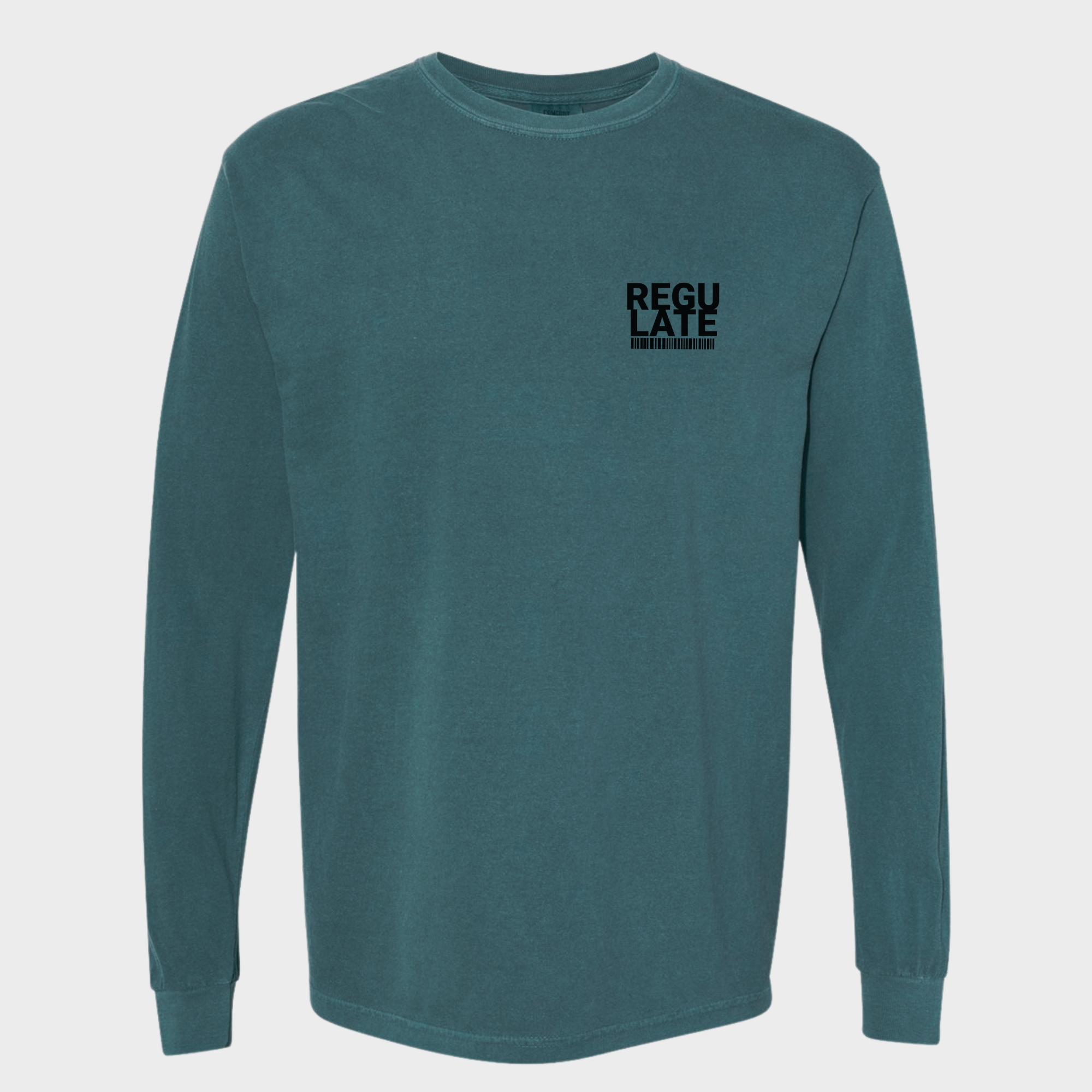 Comfort Colors® Dog unisex tee for men and women featuring Vintage, G-Funk Dog Era Presented by Fetch N Found Records Blue Spruce graphic Long Sleeved T-Shirt made of 100% cotton by Fetch N Found - Blue Spruce 3D Front