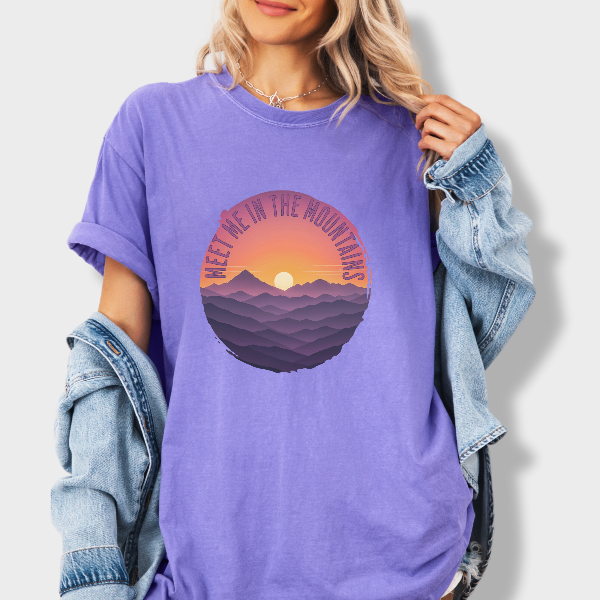 artistic-meet-me-in-the-mountains-version-ii-pet-graphic-comfort-colors-t-shirt-in-violet - Violet Lifestyle Female Model