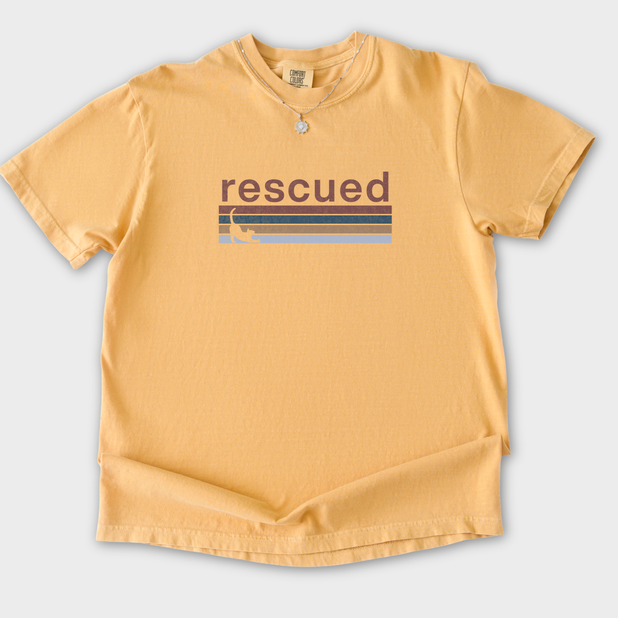 retro-cat-rescued-cat-graphic-comfort-colors-t-shirt-in-mustard - Mustard Flat Lay Front