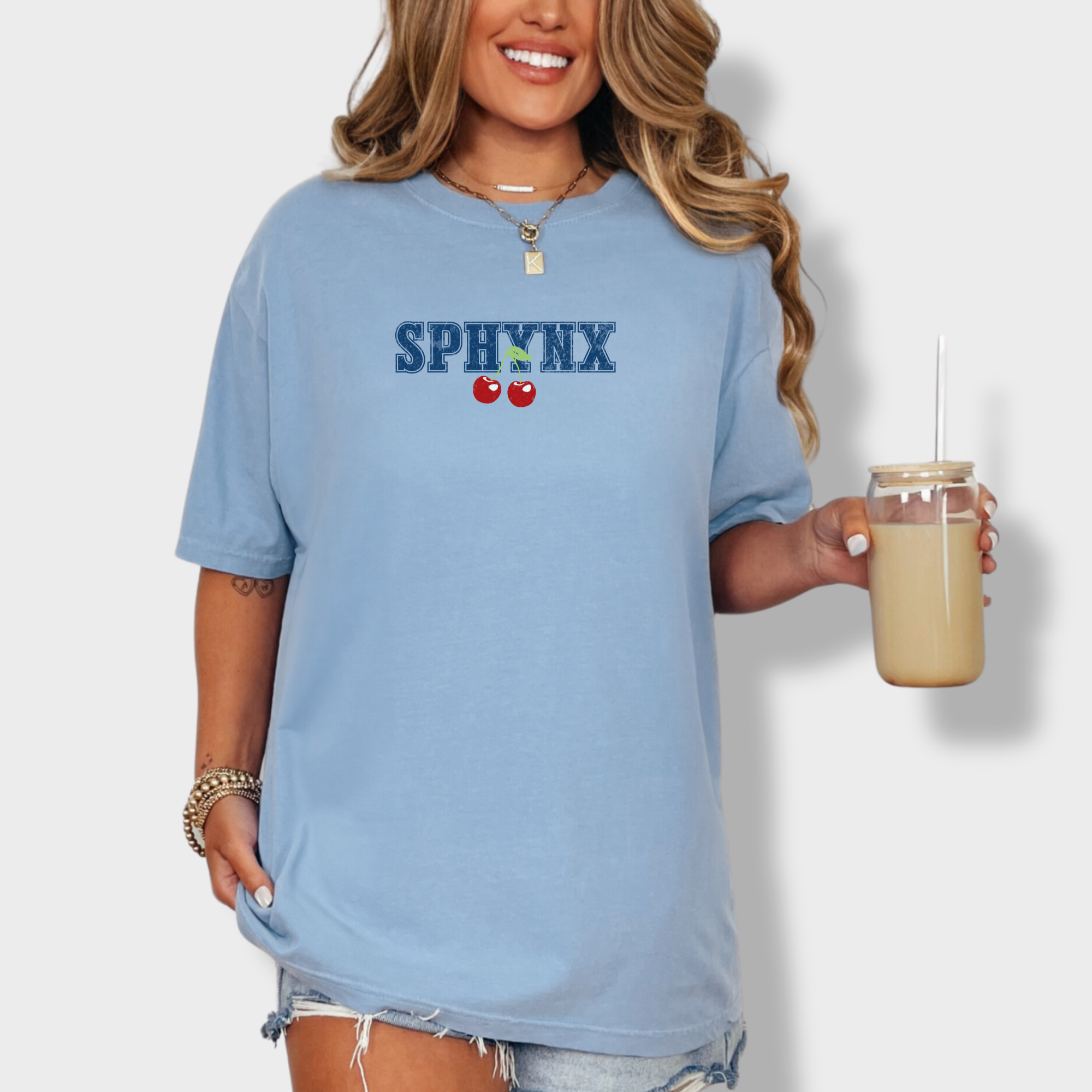 sphynx-cherry-comfort-colors-t-shirt-in-washed-denim - Washed Denim Lifestyle Female Model