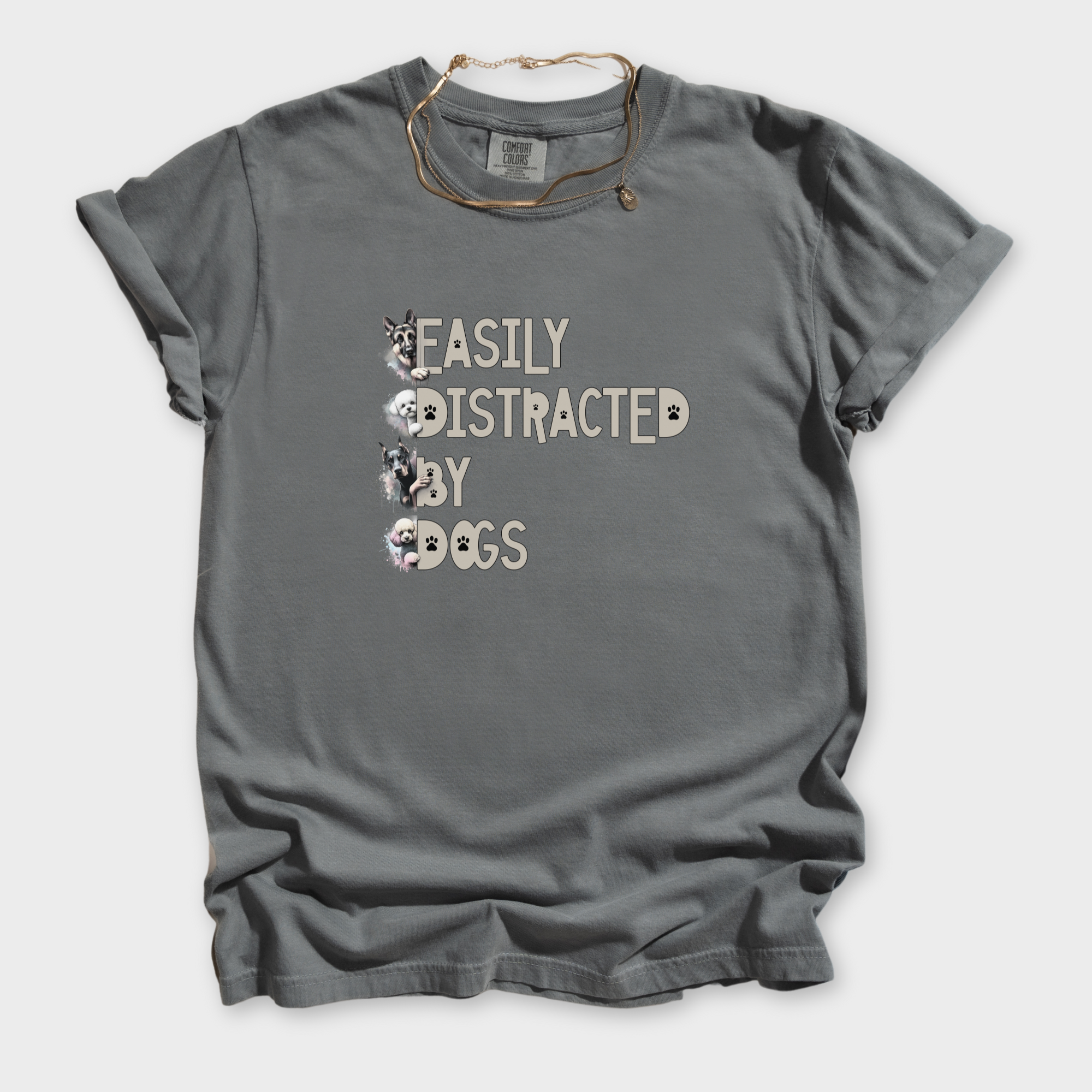 easily-distracted-by-dogs-t-shirt-in-grey - Grey Flat Lay Front