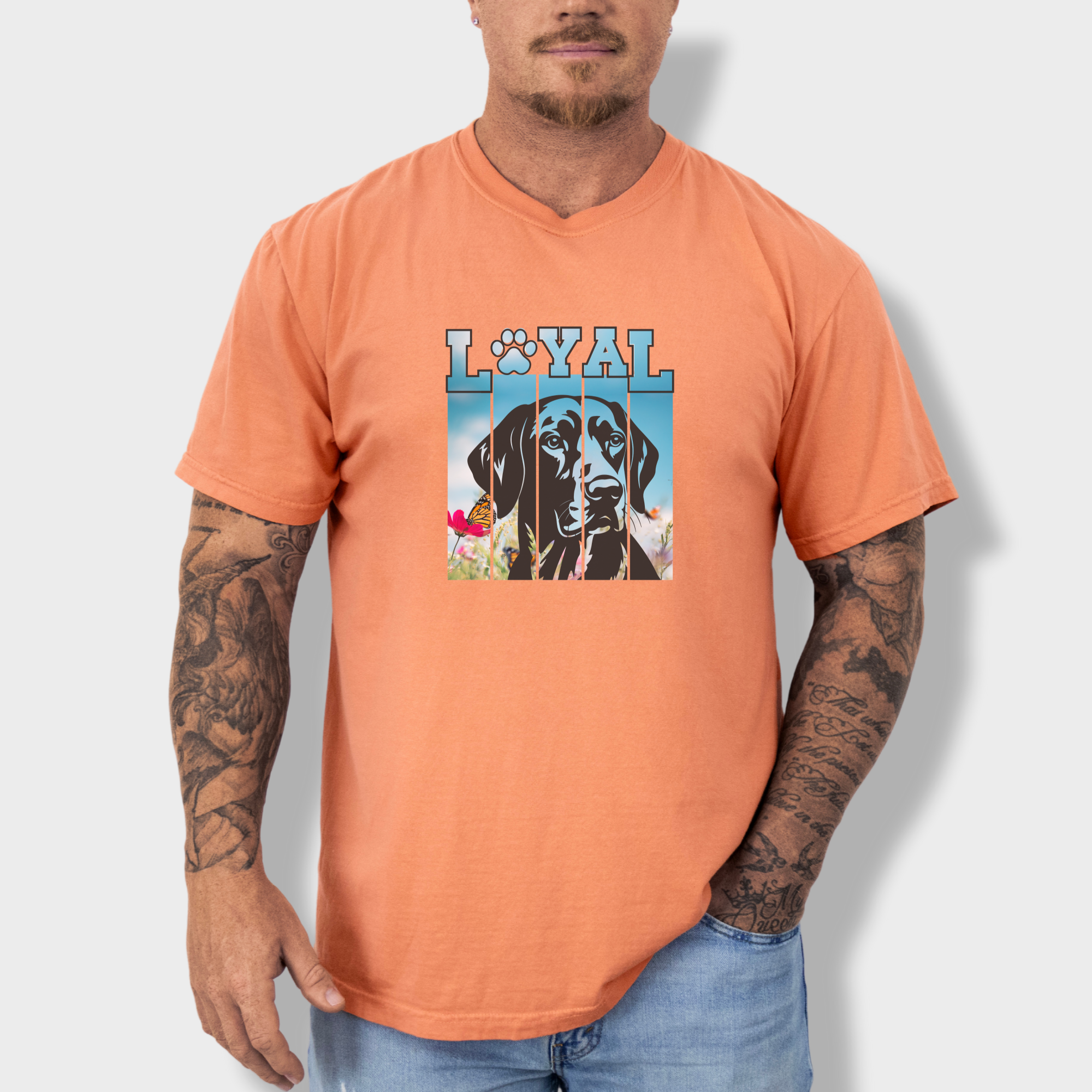 artistic-loyal-dog-graphic-comfort-colors-t-shirt-in-terracotta - Terracotta Lifestyle Male Model