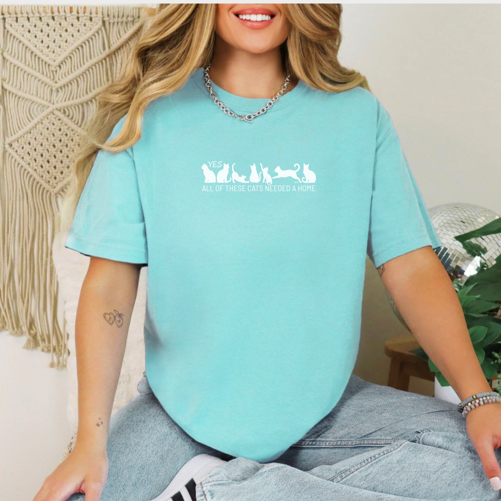 fetch-n-found  unisex tee for men and women featuring , Yes all of these cats needed a home Chalky Mint graphic T-Shirt made of 100% cotton - Chalky Mint Lifestyle Female Model