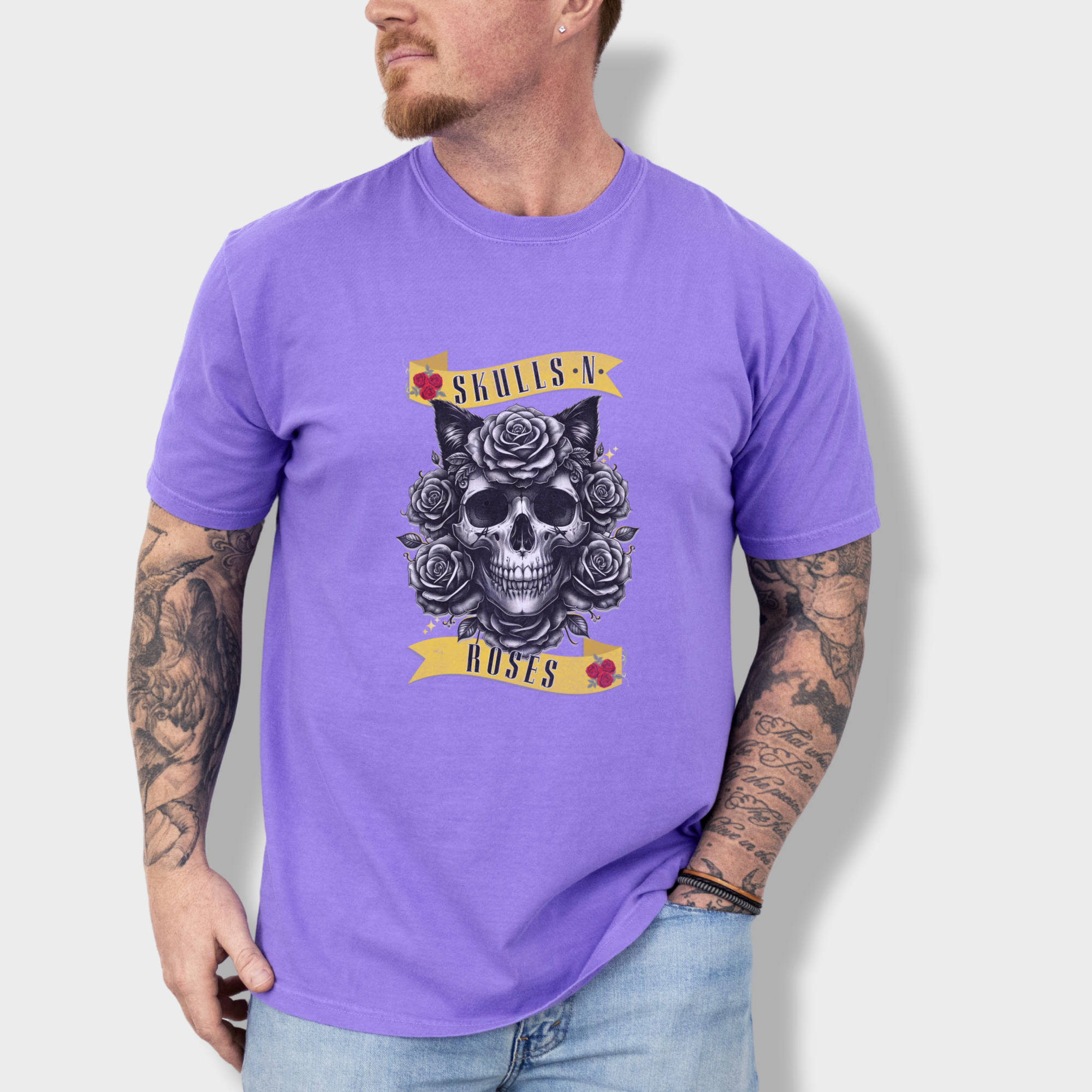 floral-pet-skulls-n-roses-solo-band-pet-skeleton-comfort-colors-t-shirt-in-violet - Violet Lifestyle Male Model