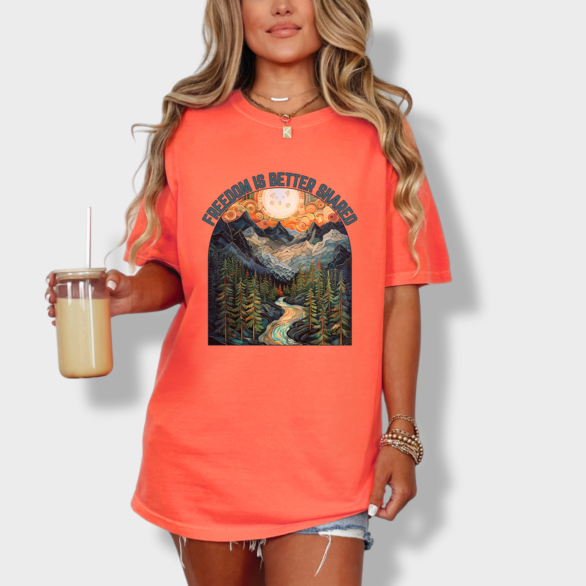 artistic-mountain-freedom-is-better-shared-stained-glass-version-dog-graphic-comfort-colors-t-shirt-in-bright-salmon - Bright Salmon Lifestyle Female Model
