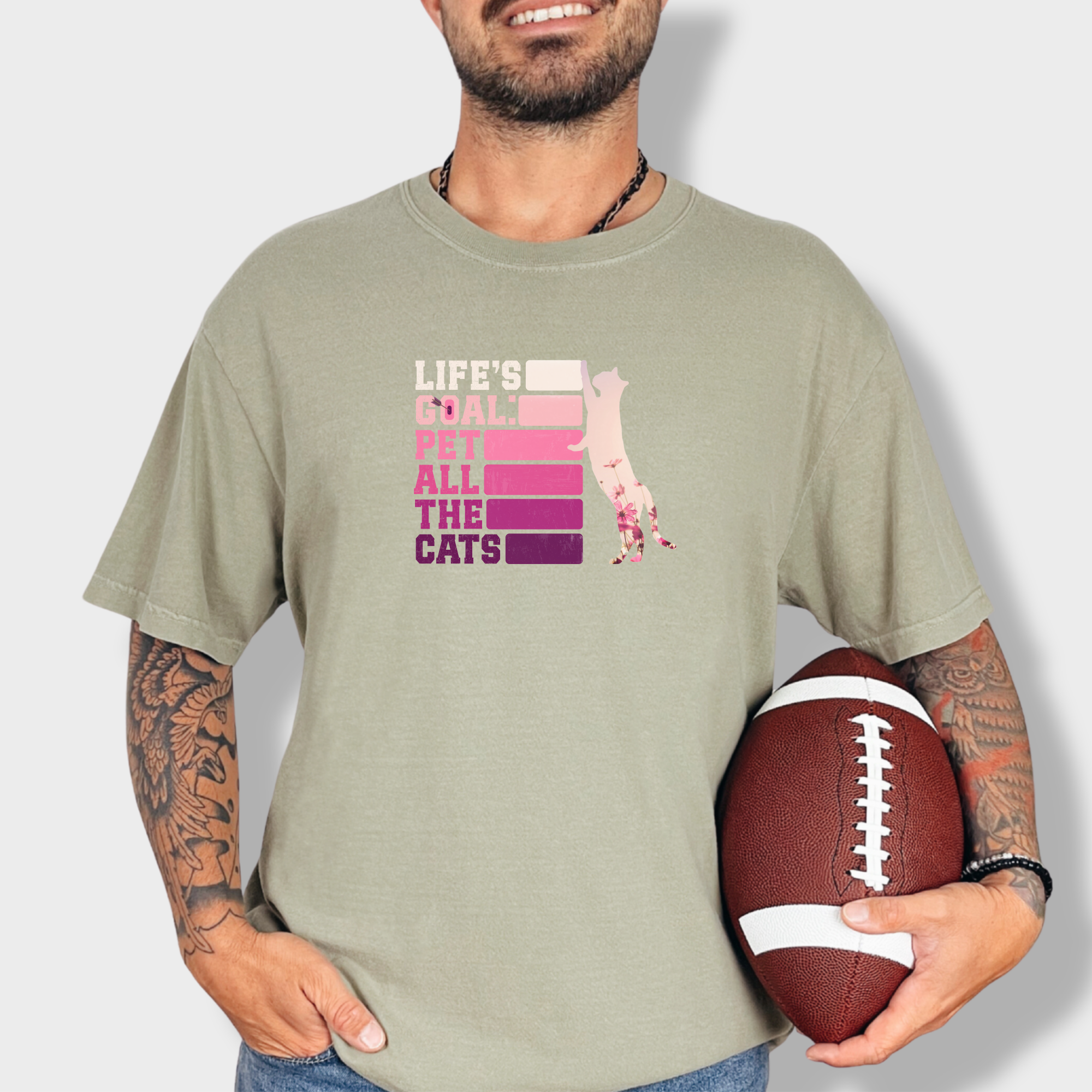artistic-pet-all-the-cats-cat-text-comfort-colors-t-shirt-in-khaki - Khaki Lifestyle Male Model