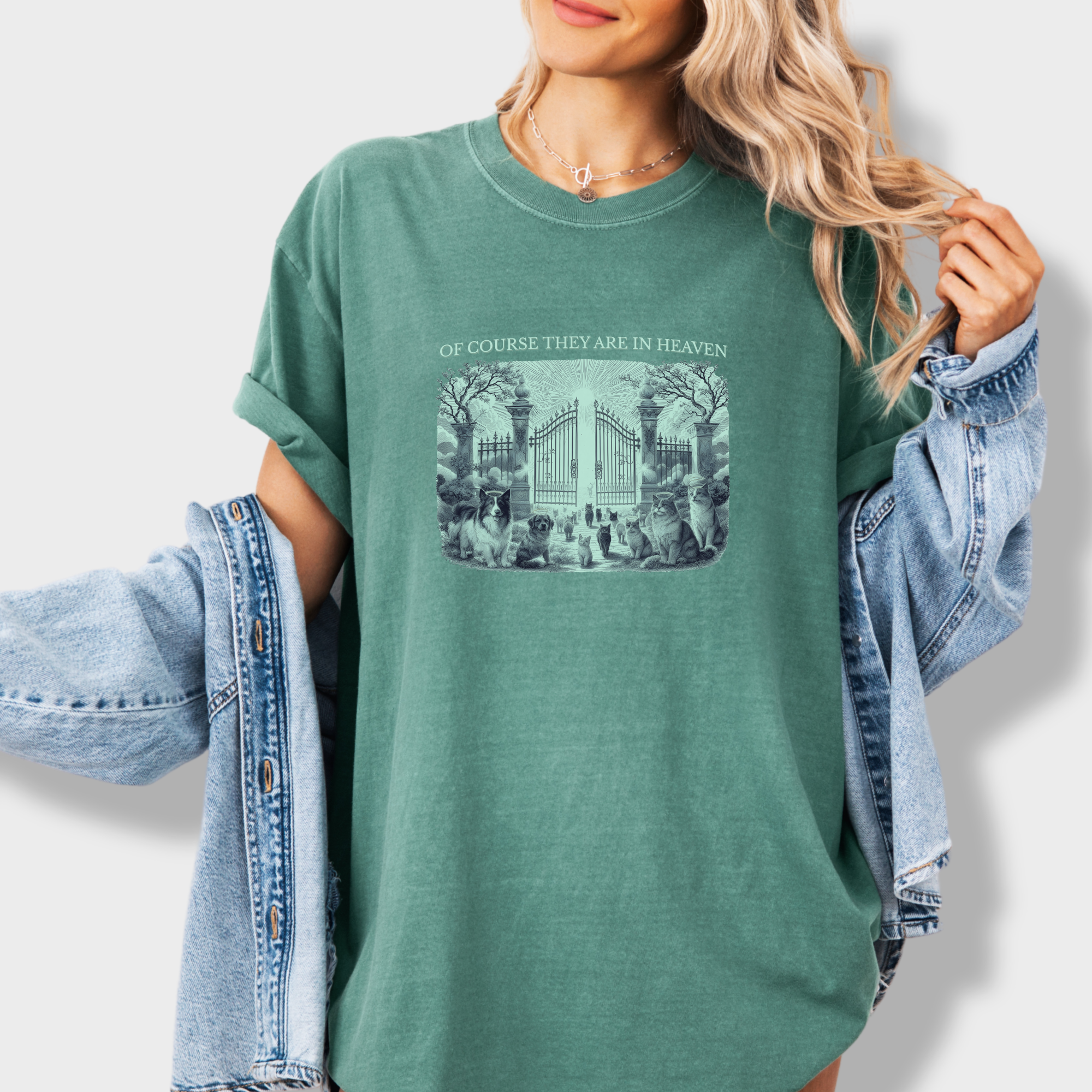 fetch-n-found  unisex tee for men and women featuring , Of Course They Are In Heaven Green Light Green graphic T-Shirt made of 100% cotton - Light Green Lifestyle Female Model