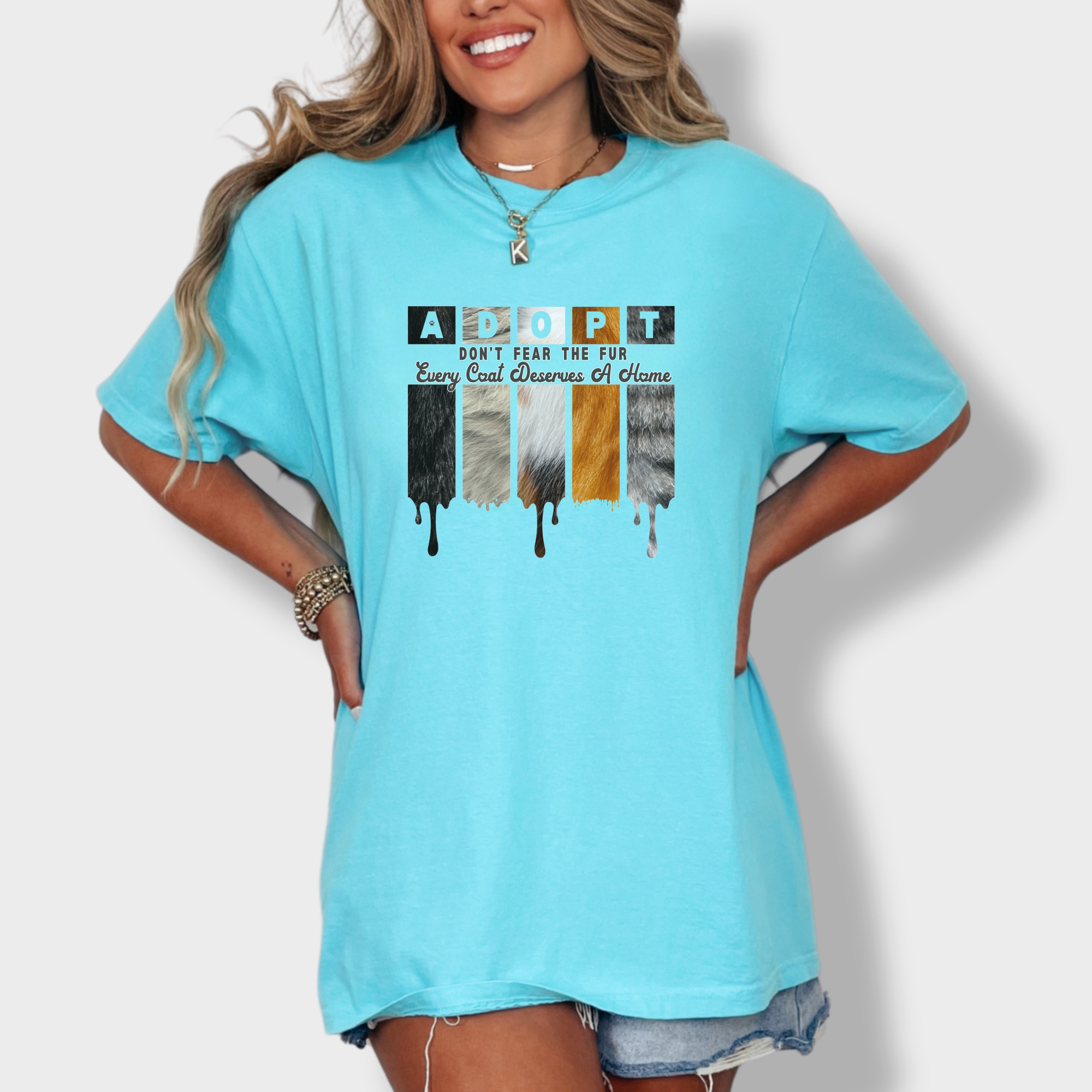 retro-adopt-every-coat-deserves-a-home-cat-minimalist-comfort-colors-t-shirt-in-lagoon-blue - Lagoon Blue Lifestyle Female Model