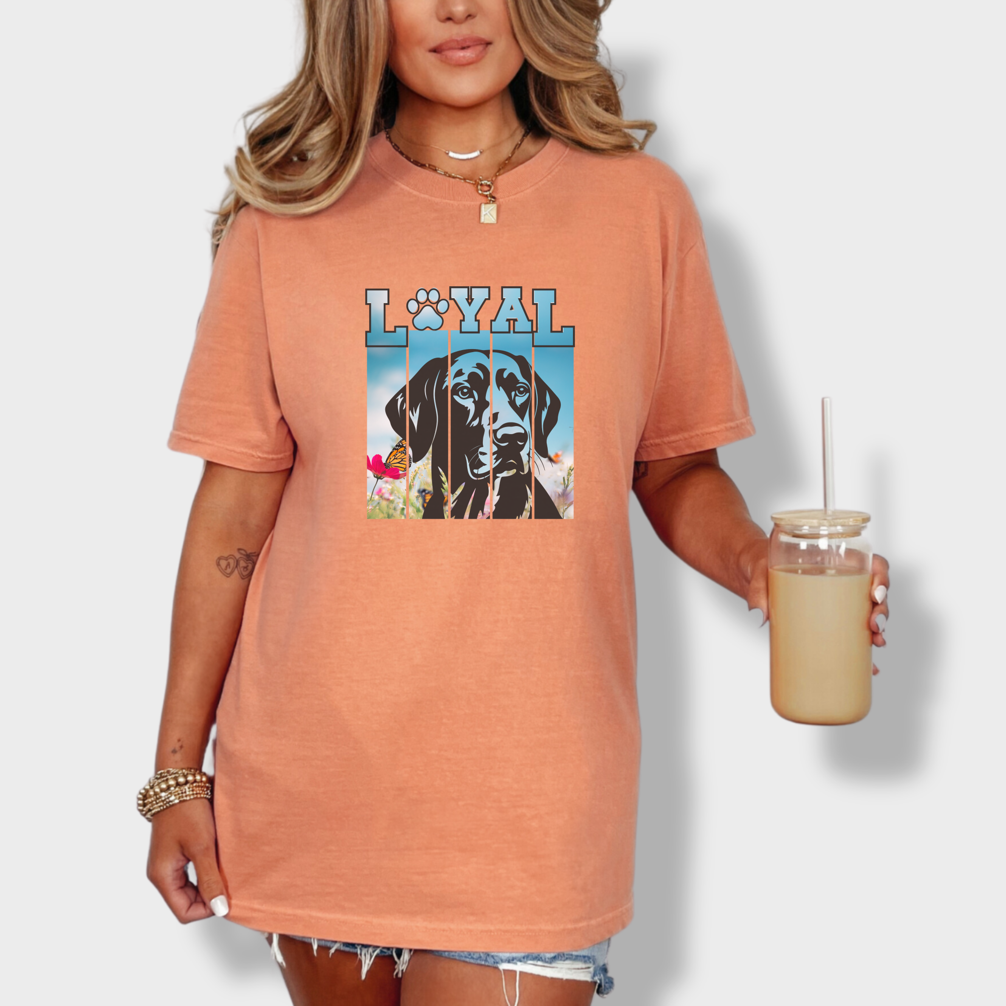 artistic-loyal-dog-graphic-comfort-colors-t-shirt-in-terracotta - Terracotta Lifestyle Female Model