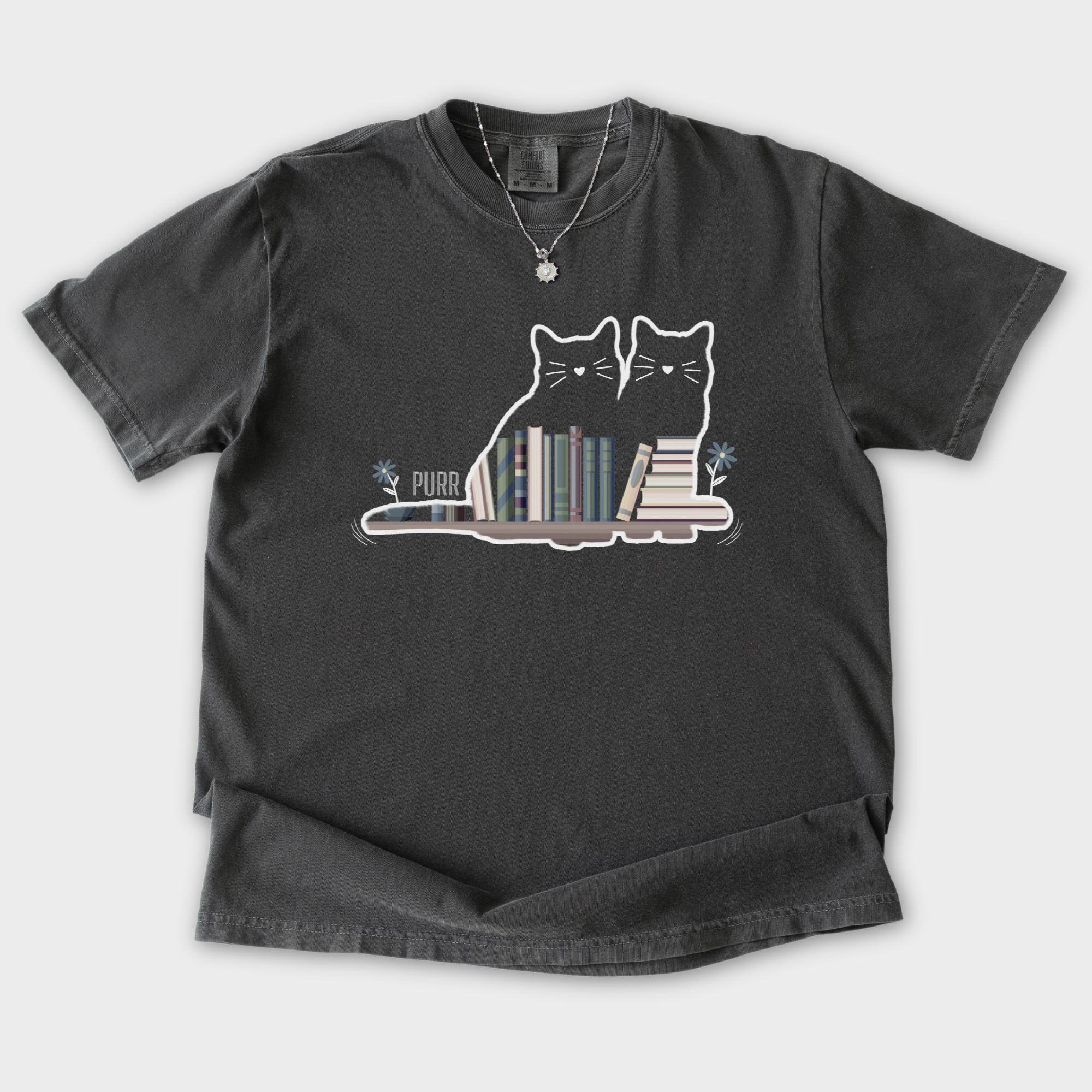 vintage-cat-book-shelf-purr-cat-graphic-comfort-colors-t-shirt-in-pepper - Pepper Flat Lay Front