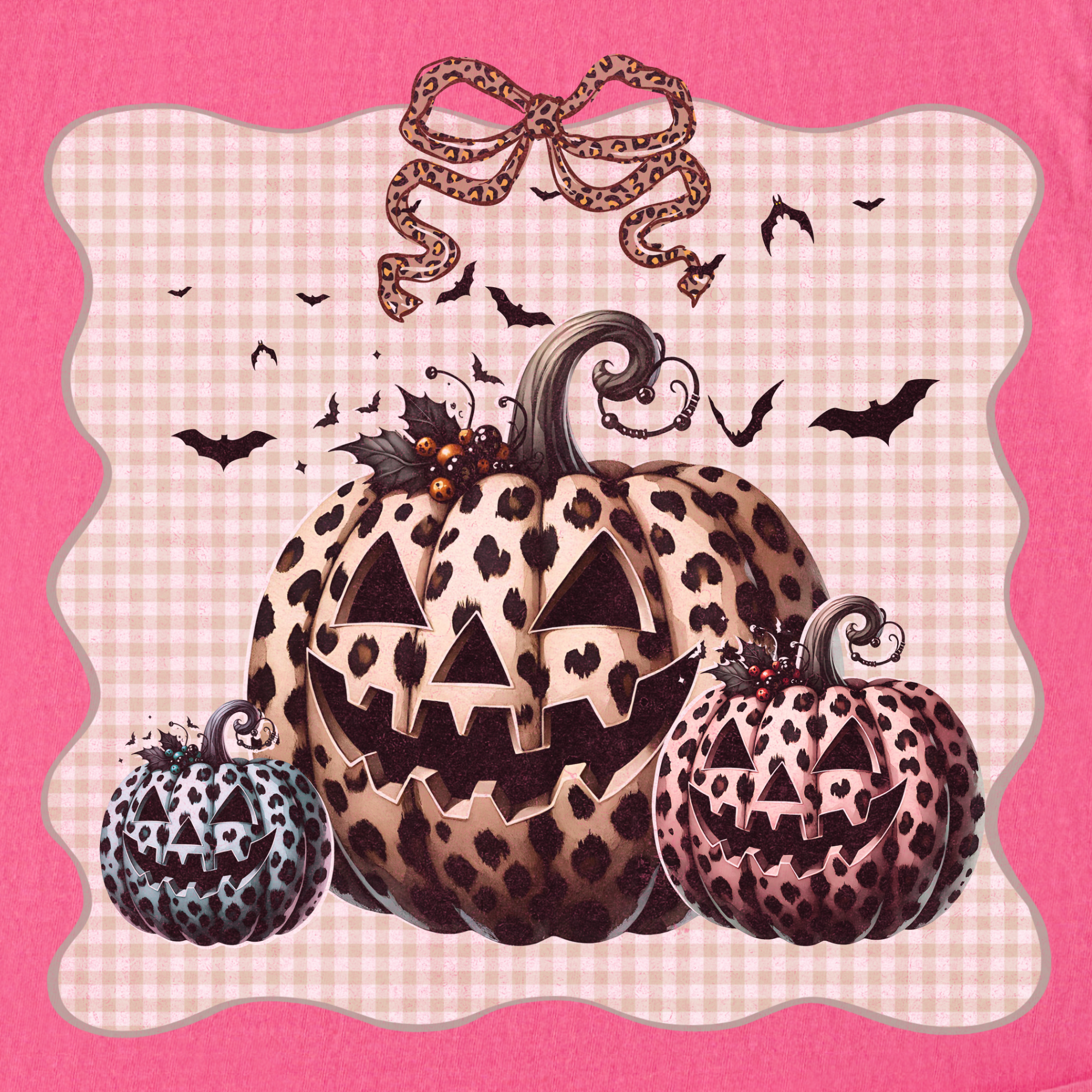 western-preppy-leopard-print-jack-o-lanterns-cat-bow-comfort-colors-t-shirt-in-crunchberry - Crunchberry Full Graphic