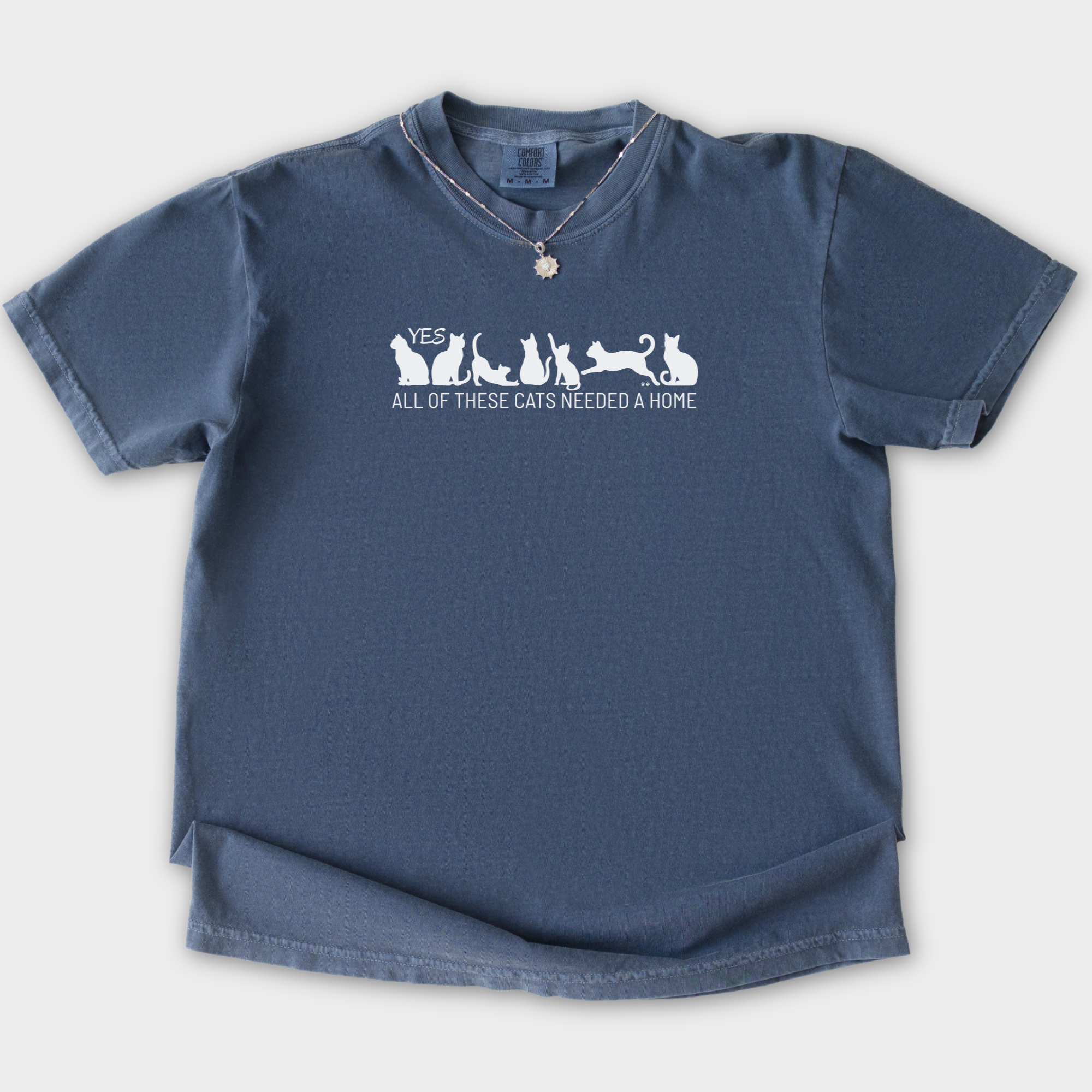 fetch-n-found  unisex tee for men and women featuring , Yes all of these cats needed a home Denim graphic T-Shirt made of 100% cotton - Denim Flat Lay Front