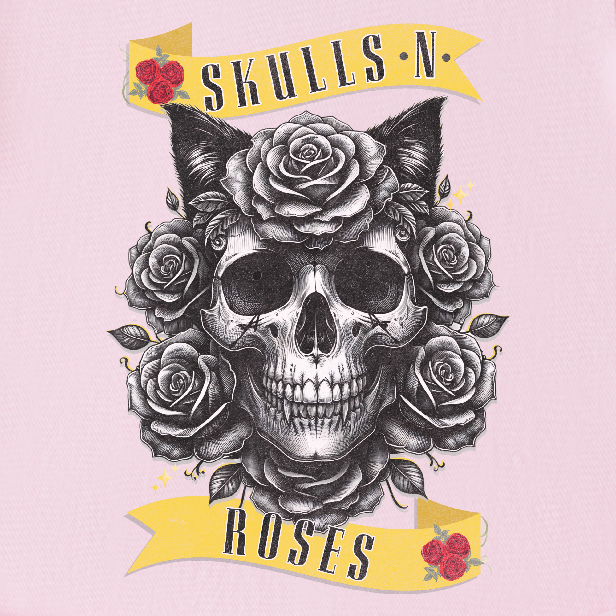 floral-pet-skulls-n-roses-solo-band-pet-skeleton-comfort-colors-t-shirt-in-blossom - Blossom Full Graphic