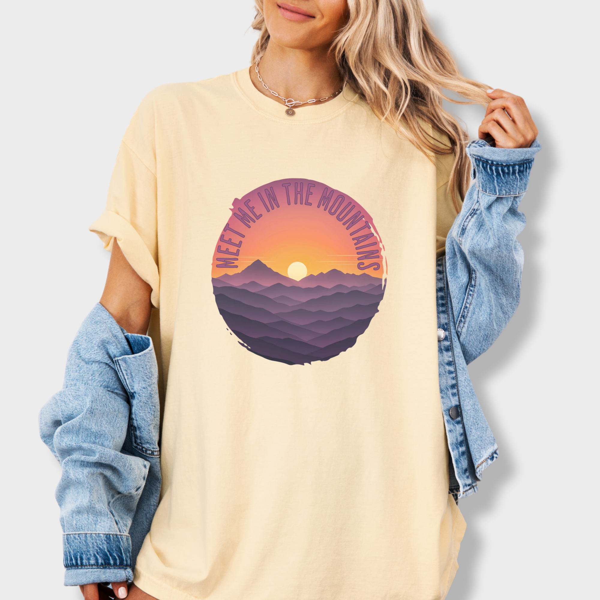 artistic-meet-me-in-the-mountains-version-ii-pet-graphic-comfort-colors-t-shirt-in-butter - Butter Lifestyle Female Model