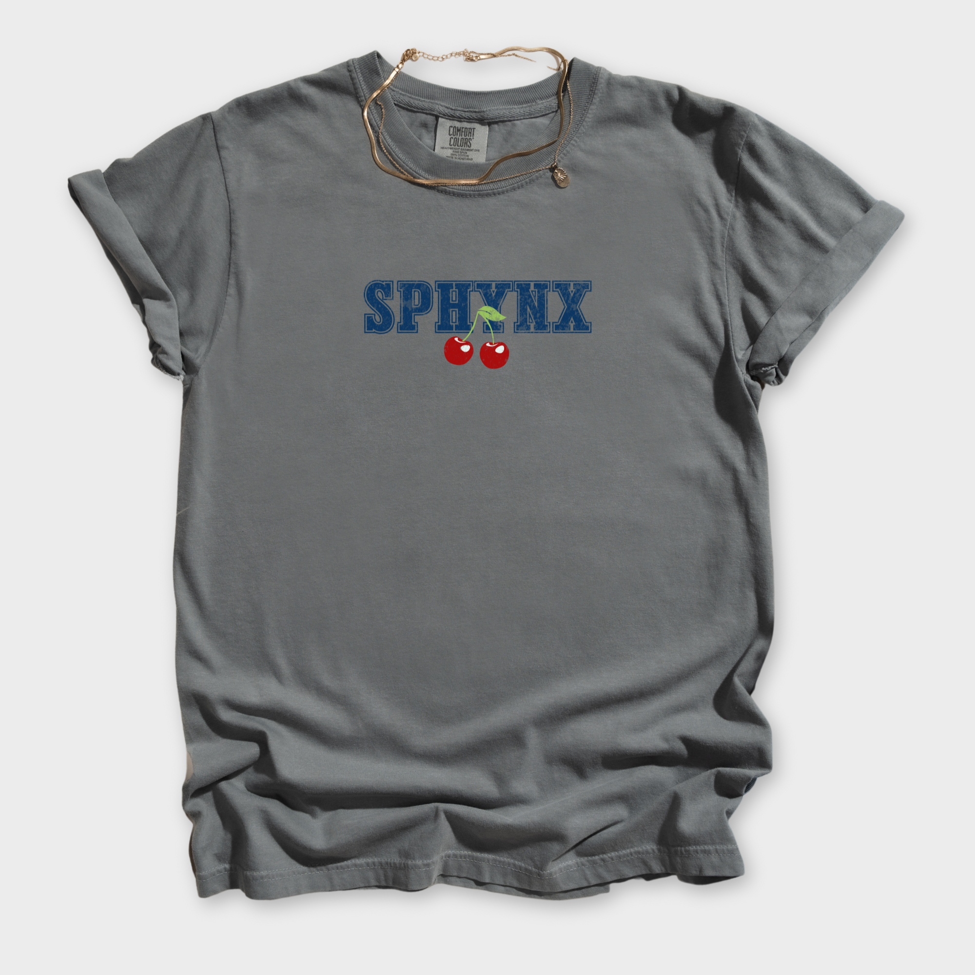 sphynx-cherry-comfort-colors-t-shirt-in-grey - Grey Flat Lay Front