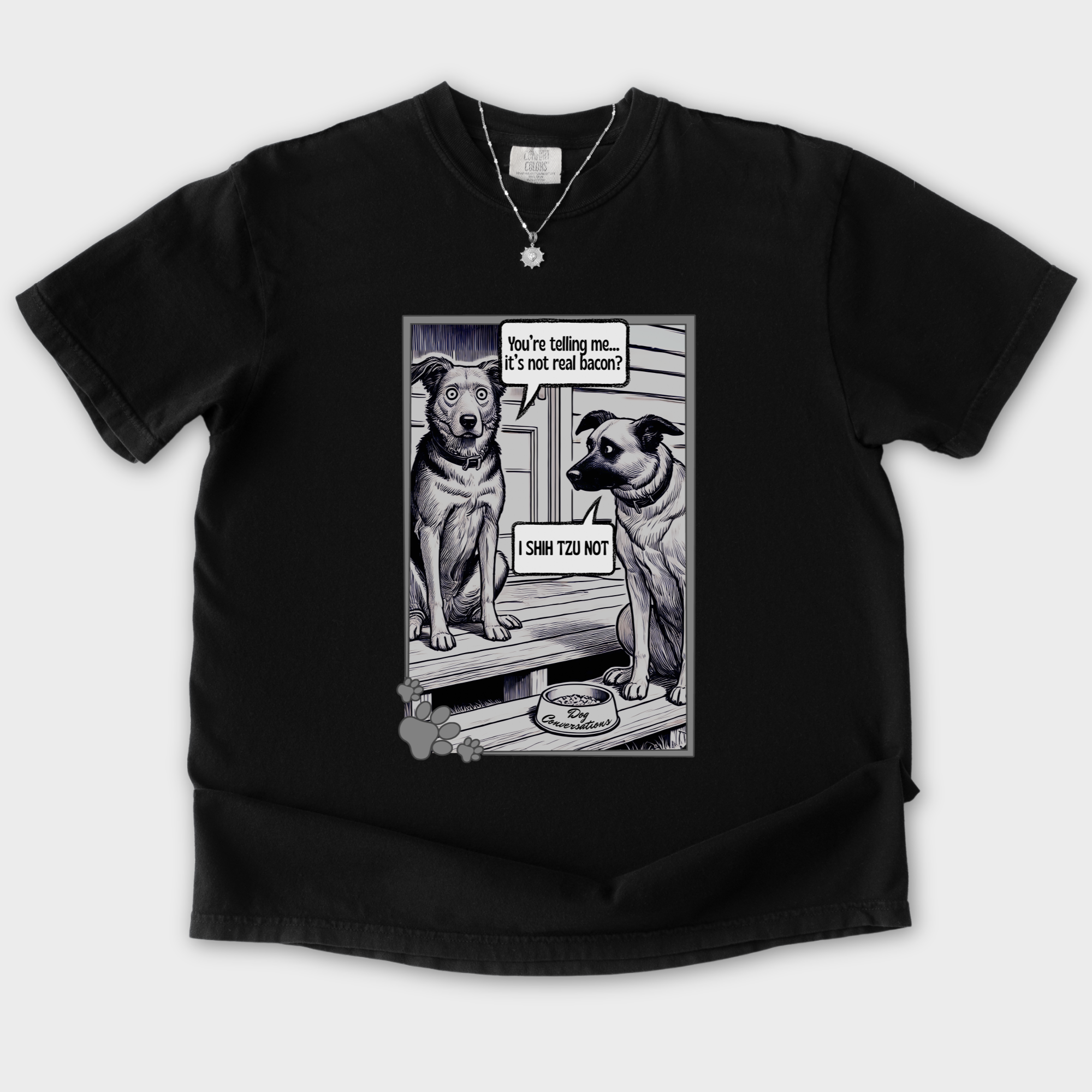 vintage-i-shih-tzu-not-bacon-dog-line-art-comfort-colors-t-shirt-in-black - Black Flat Lay Front