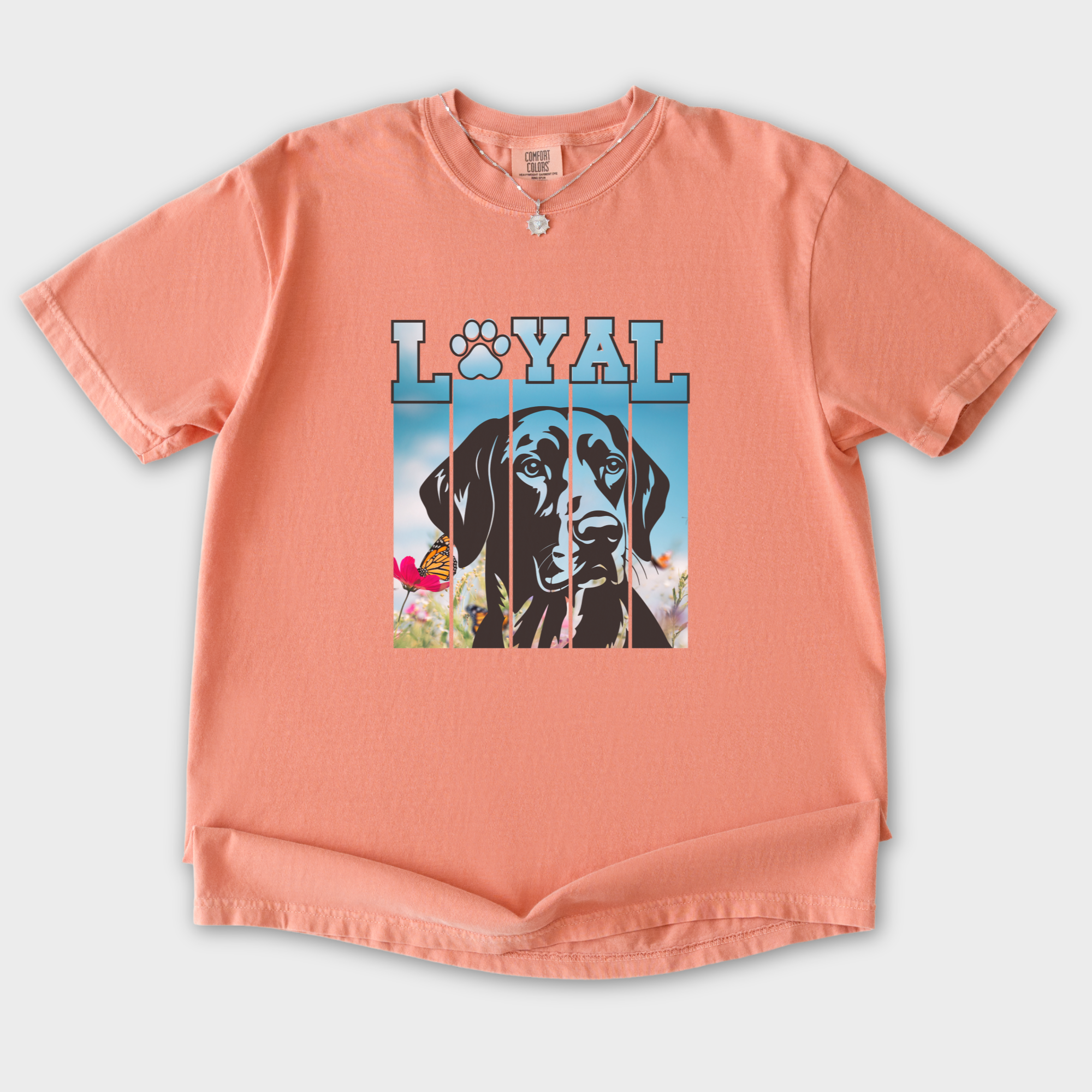 artistic-loyal-dog-graphic-comfort-colors-t-shirt-in-terracotta - Terracotta Flat Lay Front