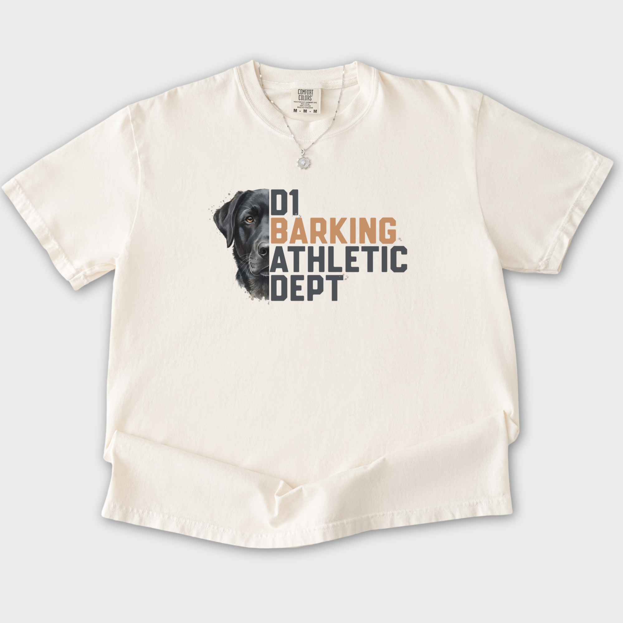 fetch-n-found  unisex tee for men and women featuring , D1 Barking Athletic Department Ivory graphic T-Shirt made of 100% cotton - Ivory Flat Lay Front