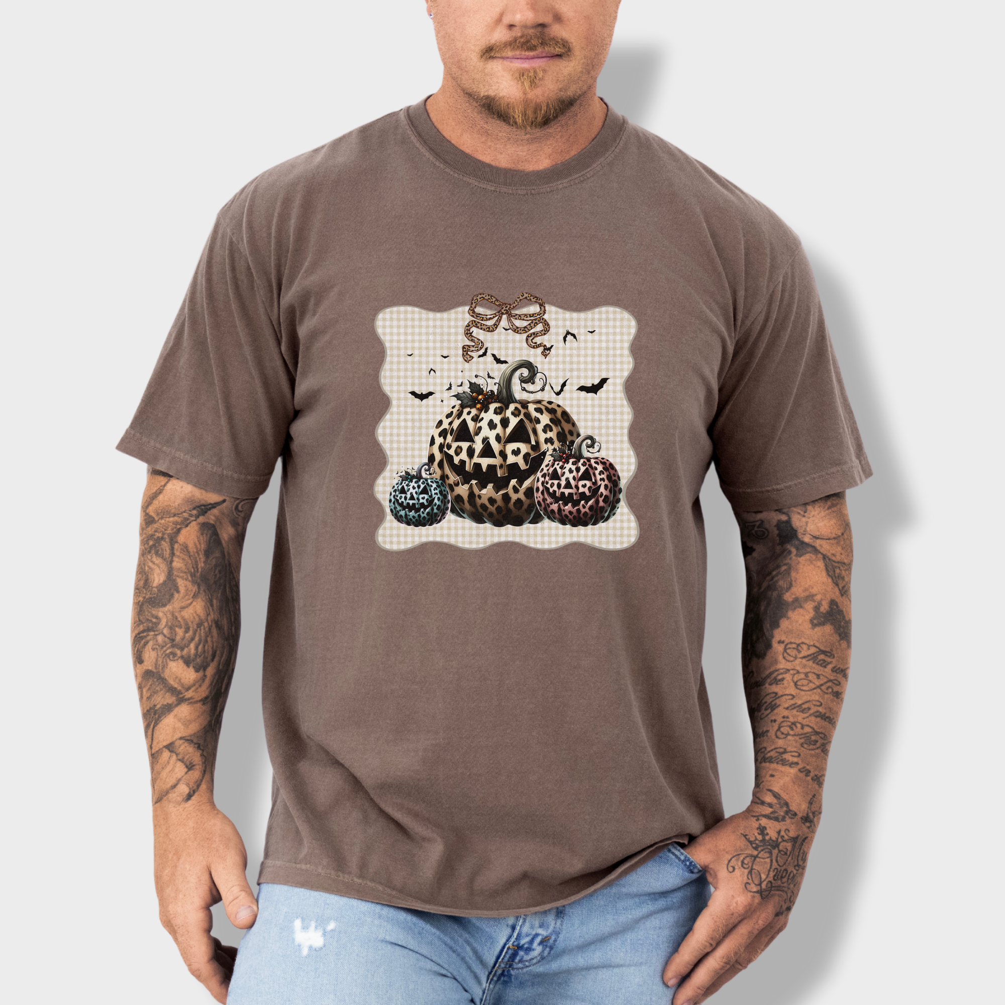 western-preppy-leopard-print-jack-o-lanterns-cat-bow-comfort-colors-t-shirt-in-espresso - Espresso Lifestyle Male Model