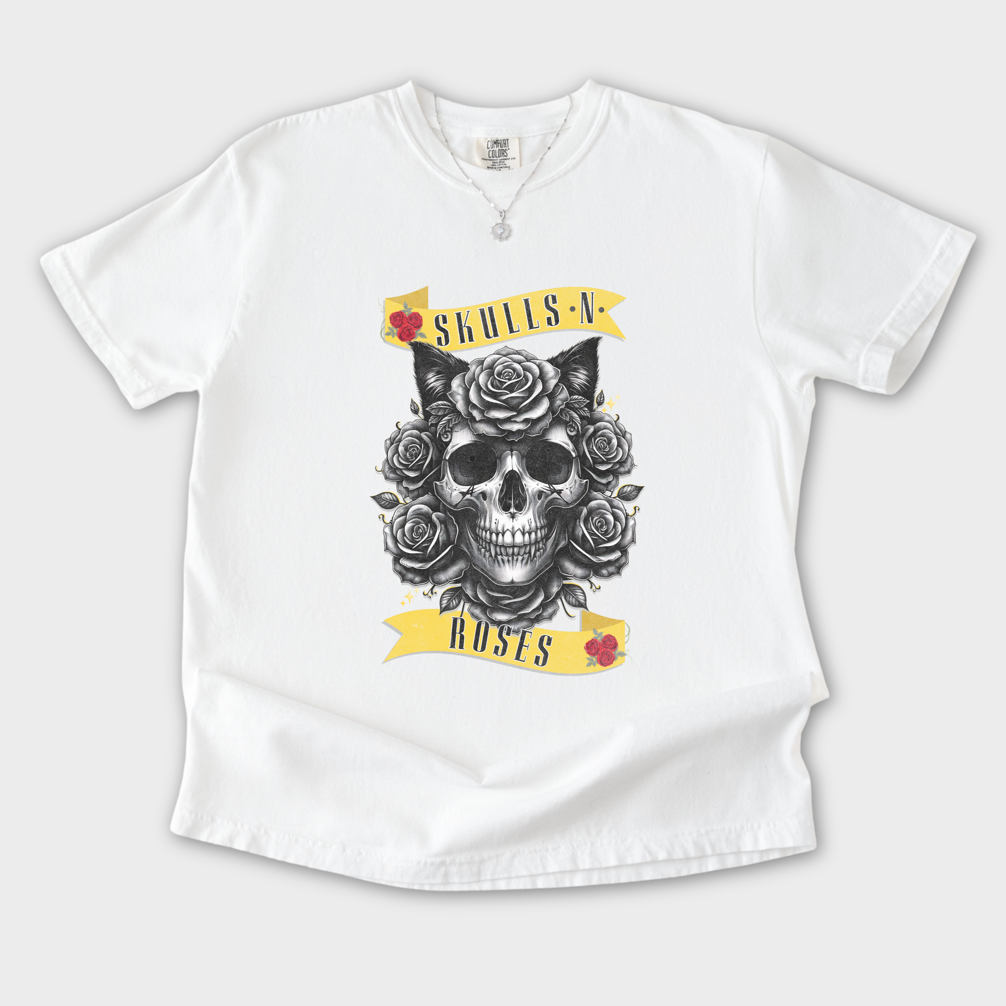 floral-pet-skulls-n-roses-solo-band-pet-skeleton-comfort-colors-t-shirt-in-white - White Flat Lay Front