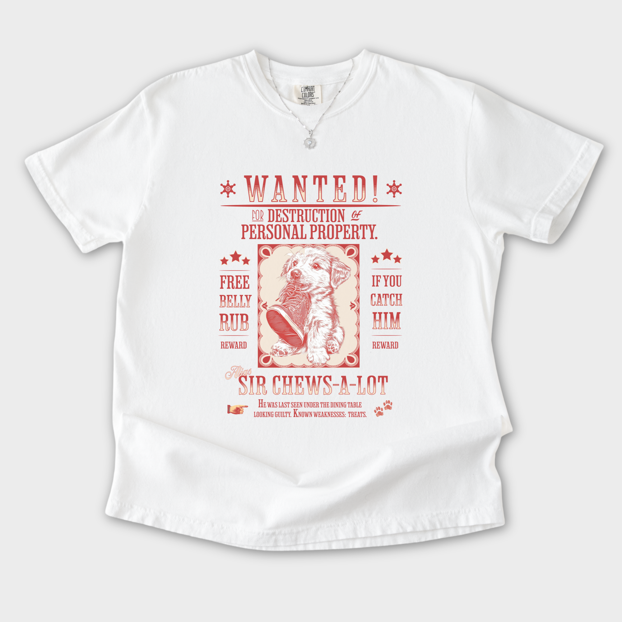 retro-western-wanted-puppy-t-shirt-1-in-white - White Flat Lay Front