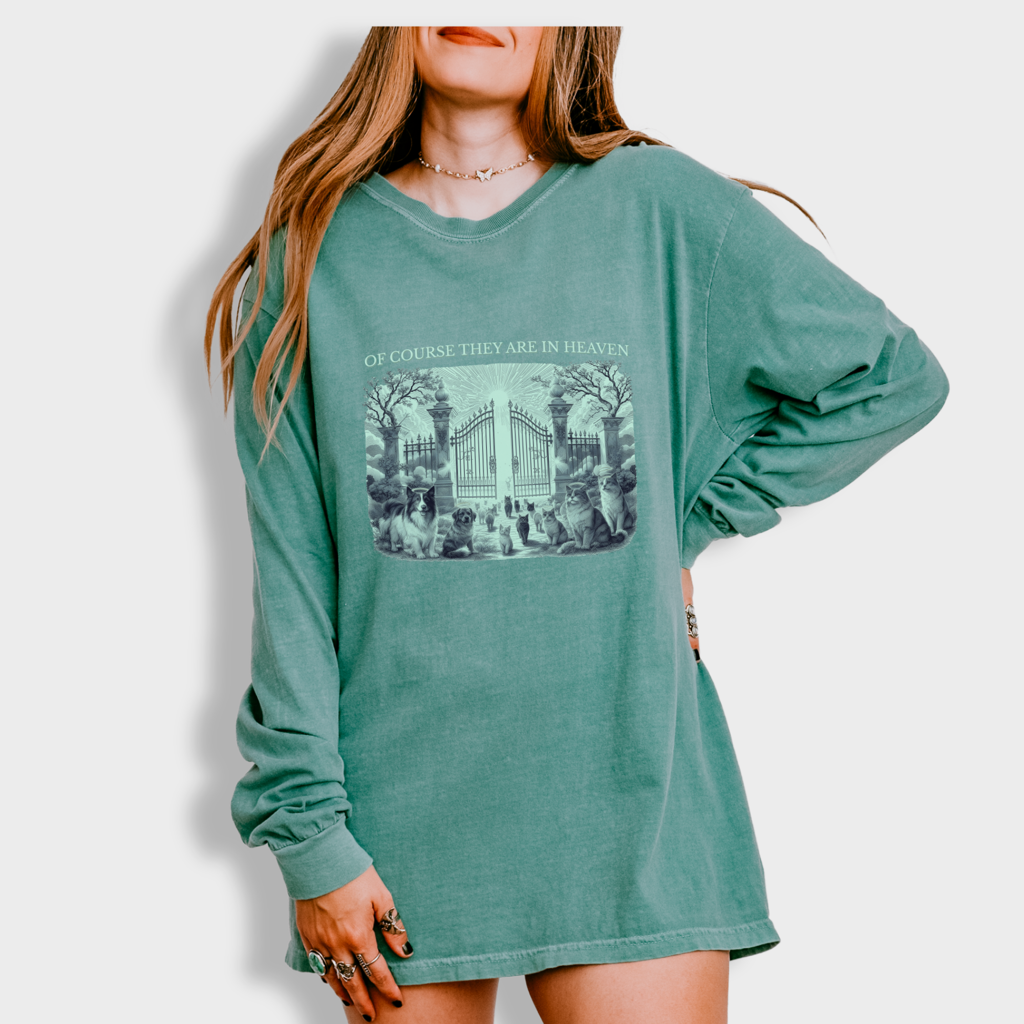 fetch-n-found  unisex tee for men and women featuring , Of Course They Are In Heaven Green Light Green graphic T-Shirt made of 100% cotton - Light Green Model 1