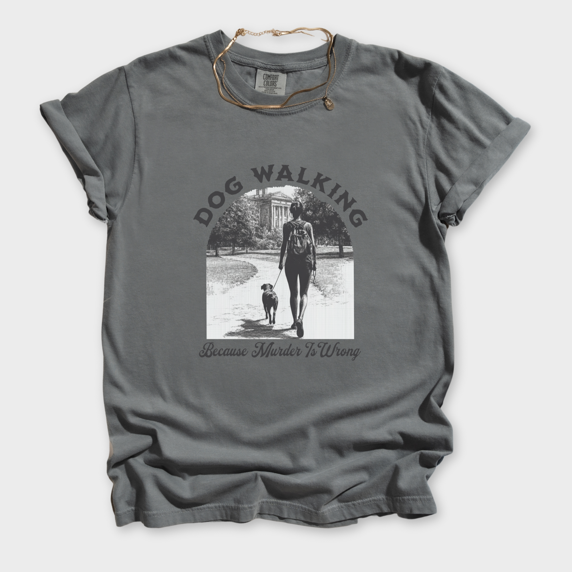 western-murder-is-wrong-dog-graphic-comfort-colors-t-shirt-in-grey - Grey Flat Lay Front