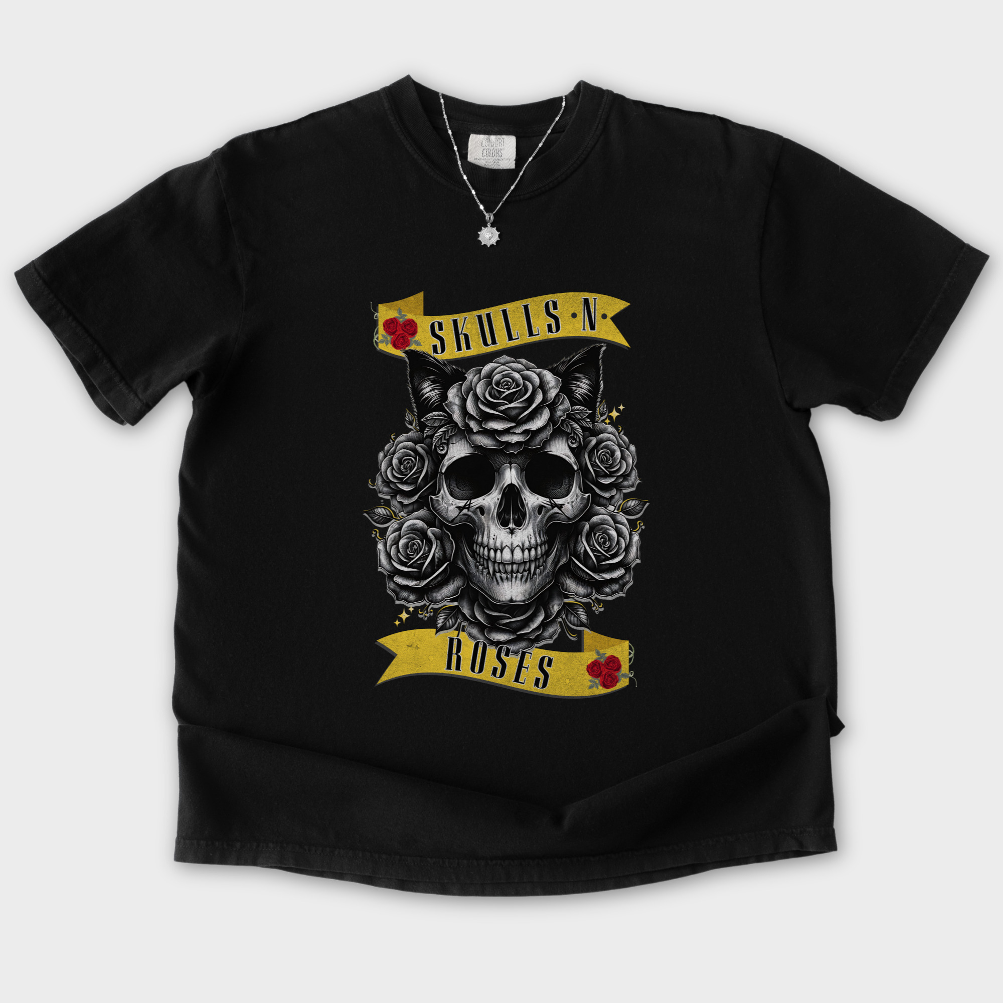floral-pet-skulls-n-roses-solo-band-pet-skeleton-comfort-colors-t-shirt-in-black - Black Flat Lay Front