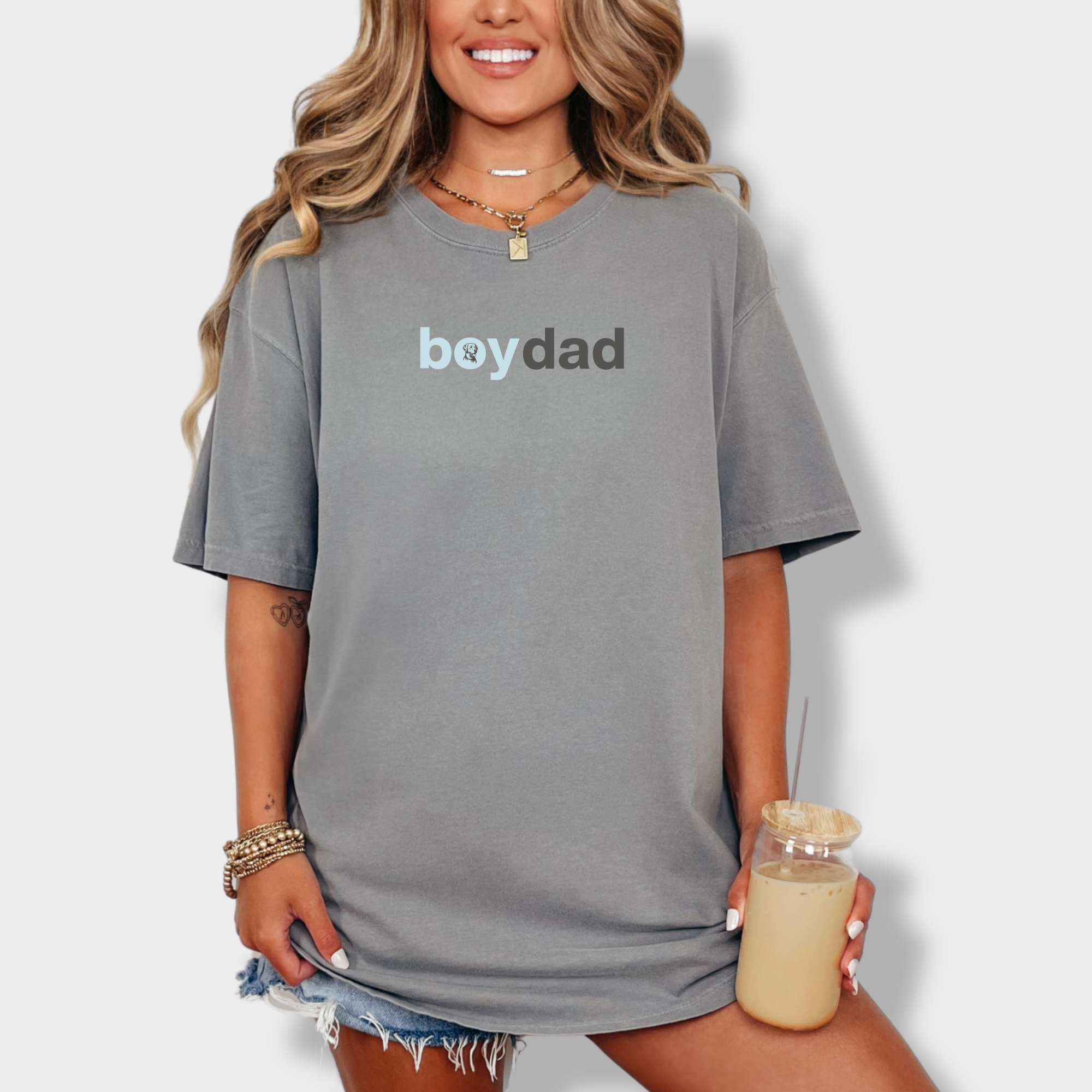 artistic-boy-dog-dad-dog-text-comfort-colors-t-shirt-in-grey - Grey Lifestyle Female Model