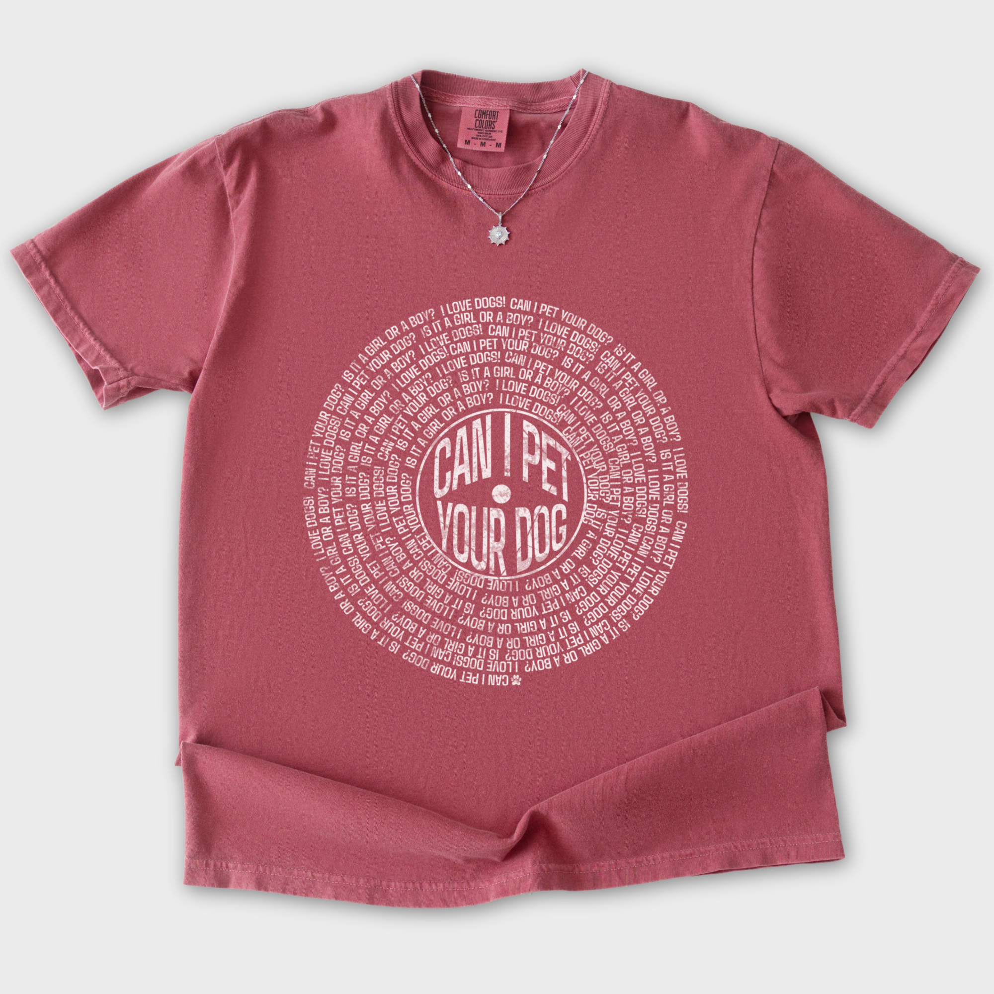 vintage-can-i-pet-your-dog-analog-record-song-dog-graphic-comfort-colors-t-shirt-in-crimson - Crimson Flat Lay Front