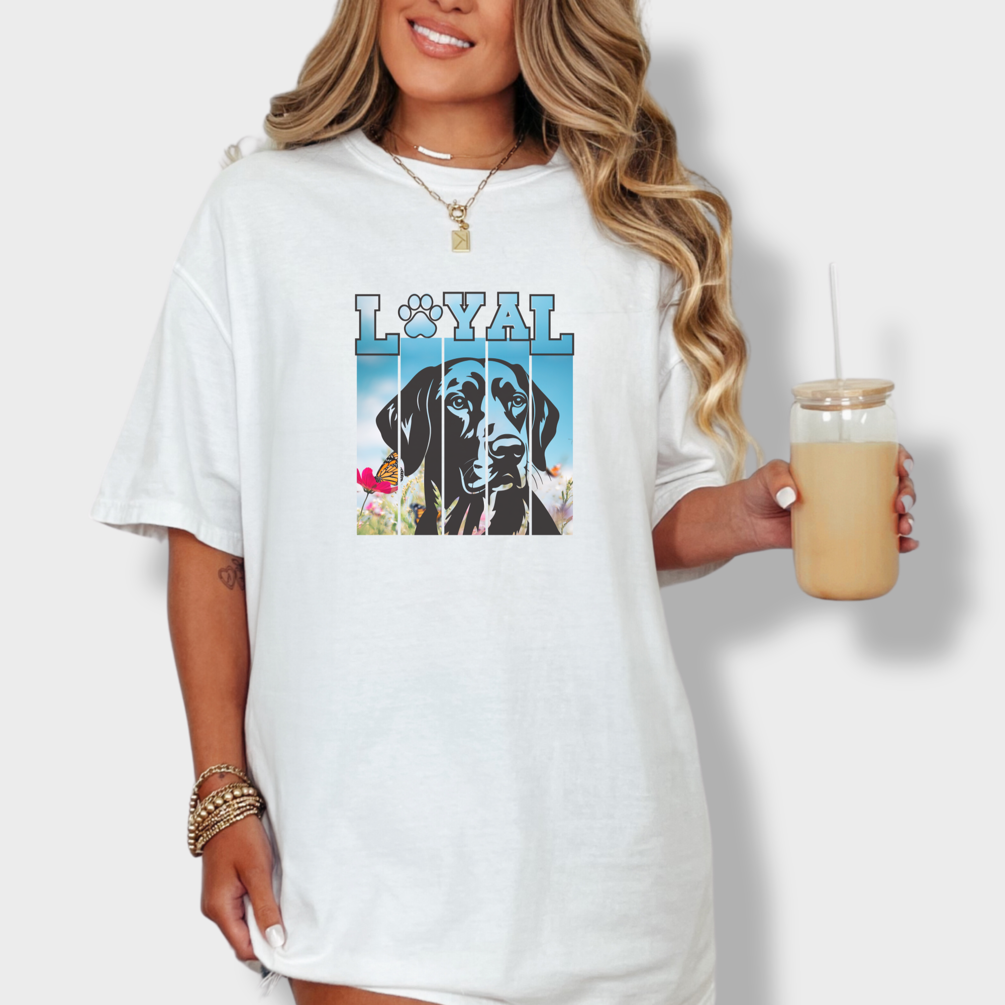 artistic-loyal-dog-graphic-comfort-colors-t-shirt-in-white - White Lifestyle Female Model