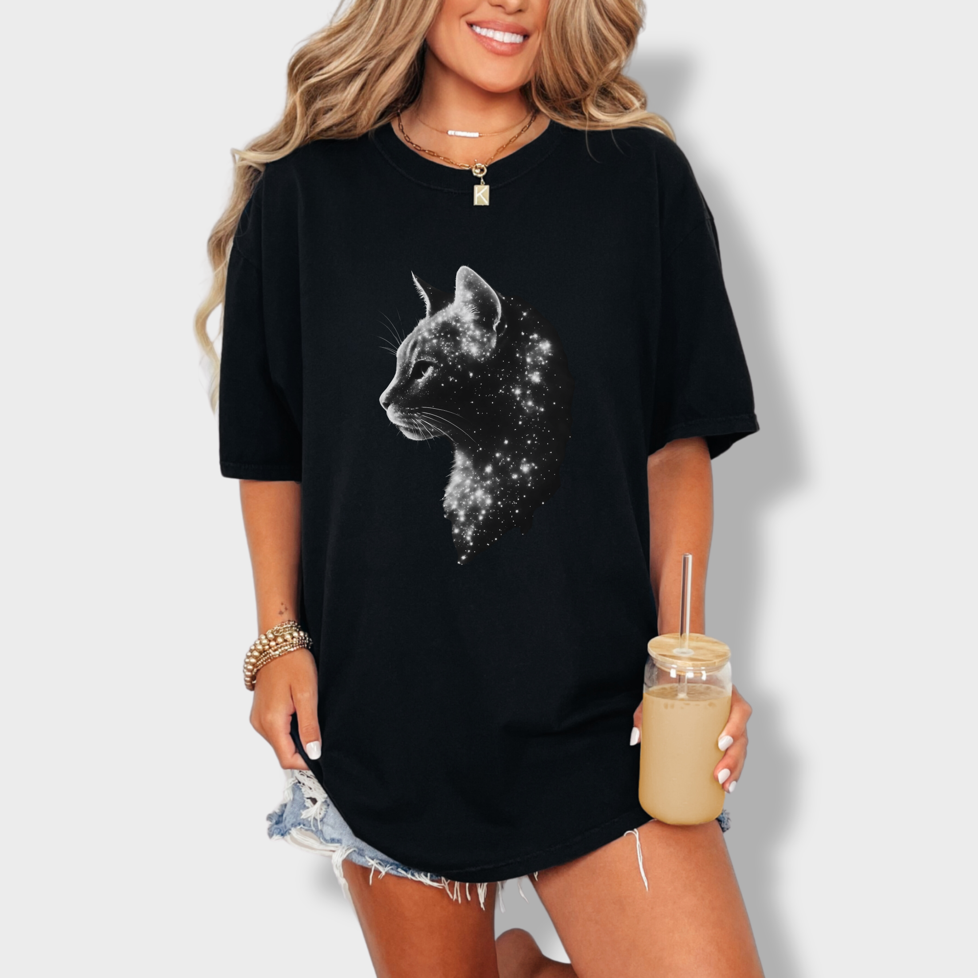 artistic-astrological-cat-cat-graphic-comfort-colors-t-shirt-in-black - Black Lifestyle Female Model