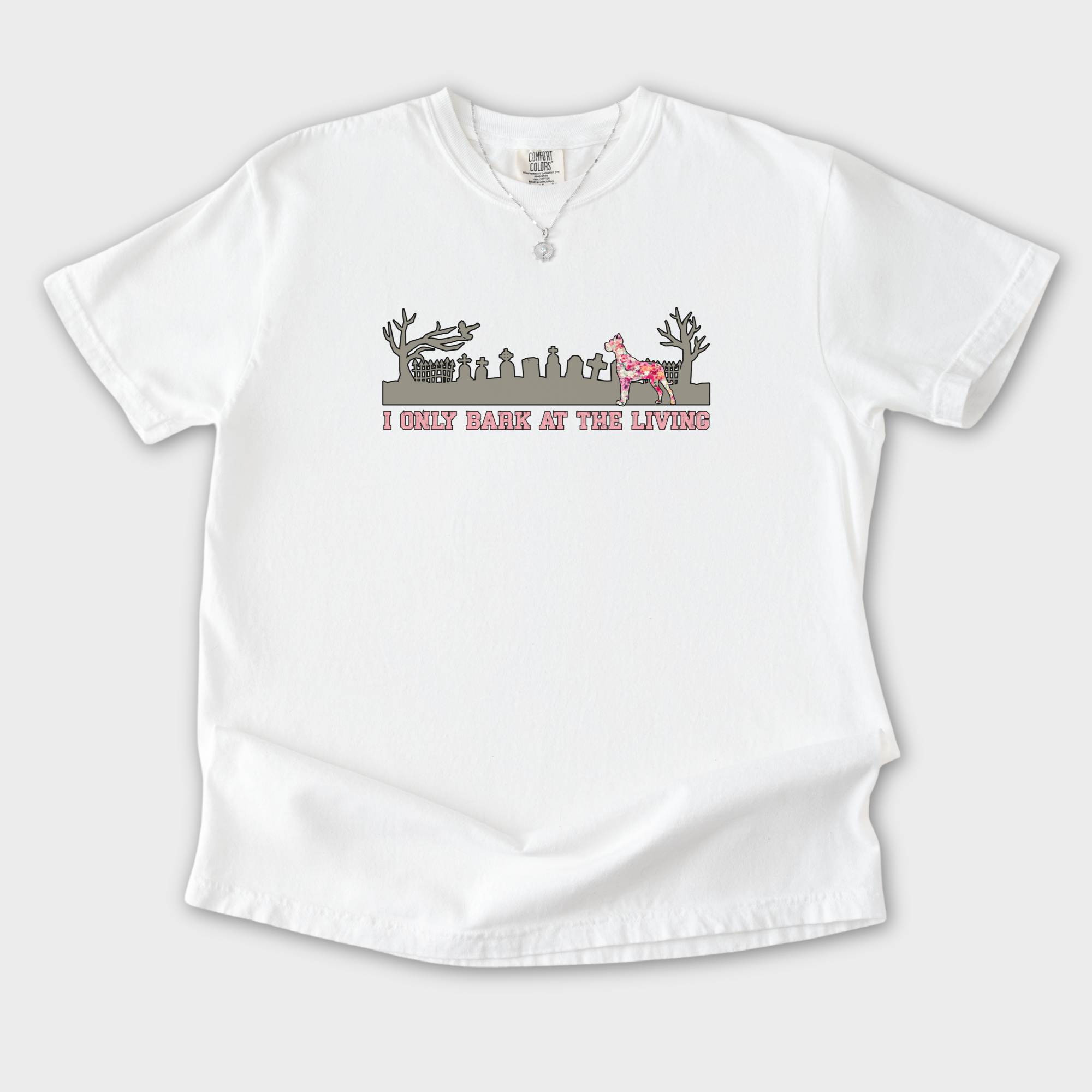 artistic-i-only-bark-at-the-living-dog-graphic-comfort-colors-t-shirt-in-white - White Flat Lay Front