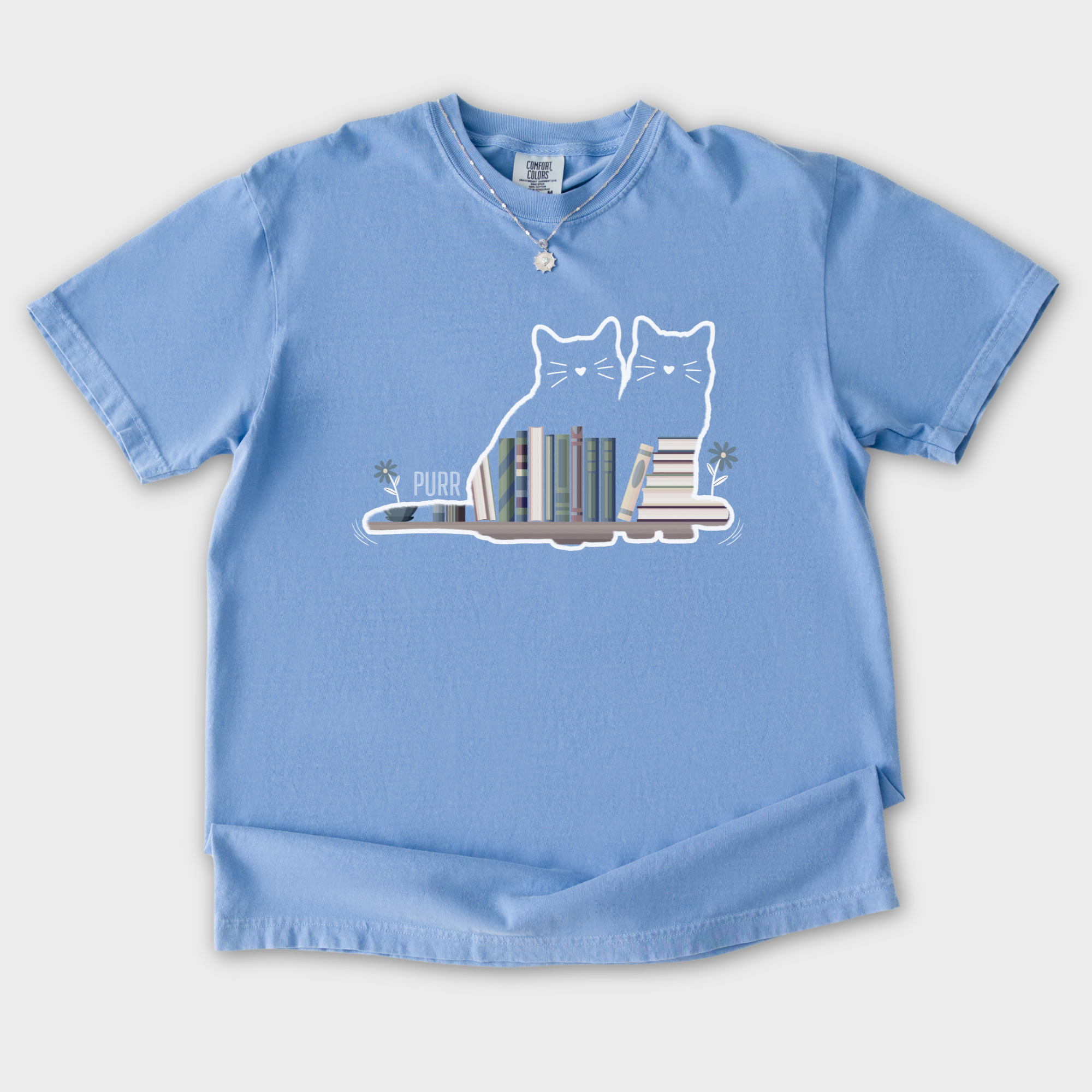 vintage-cat-book-shelf-purr-cat-graphic-comfort-colors-t-shirt-in-washed-denim - Washed Denim Flat Lay Front