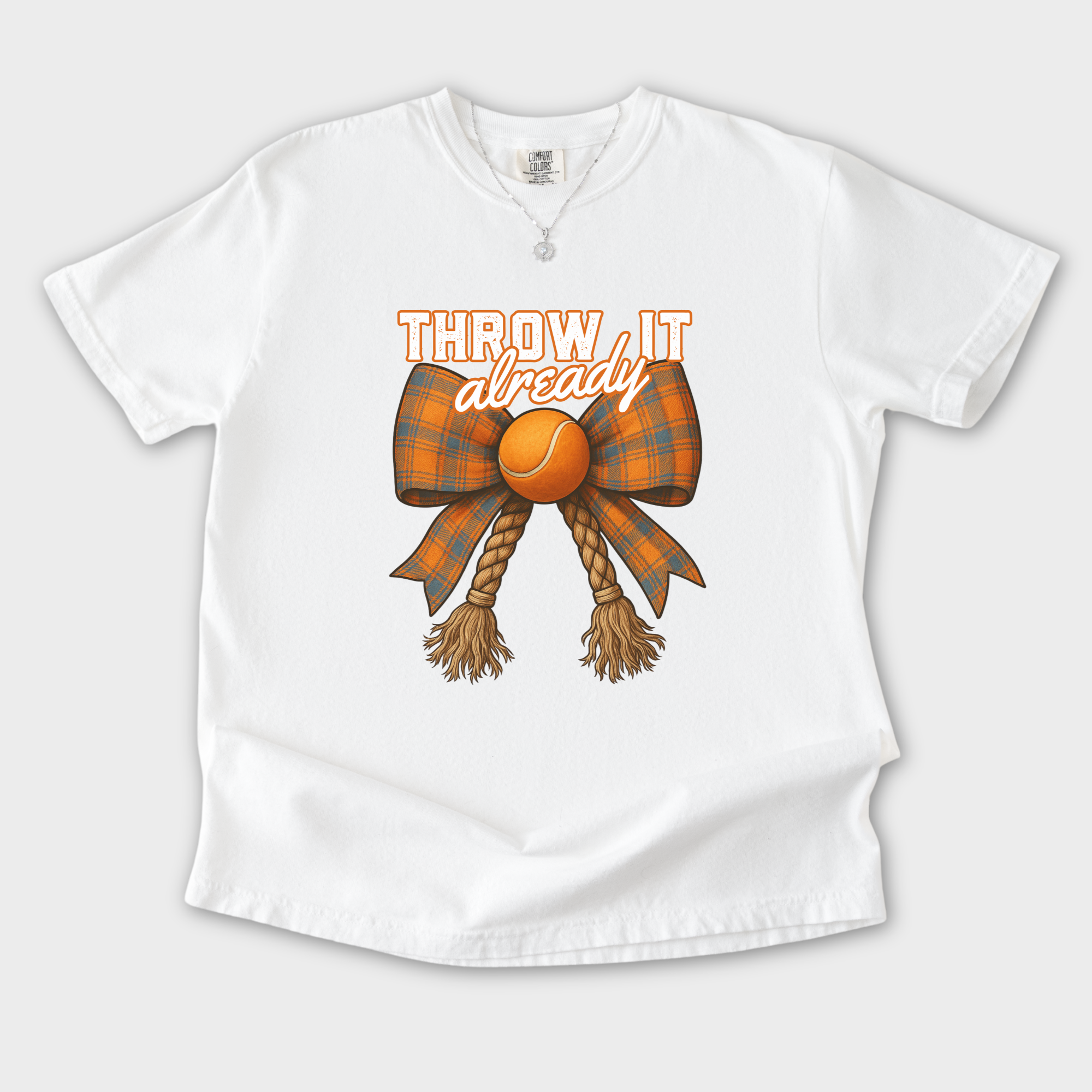 western-throw-it-already-dog-chew-toy-bow-dog-bow-comfort-colors-t-shirt-in-white - White Flat Lay Front