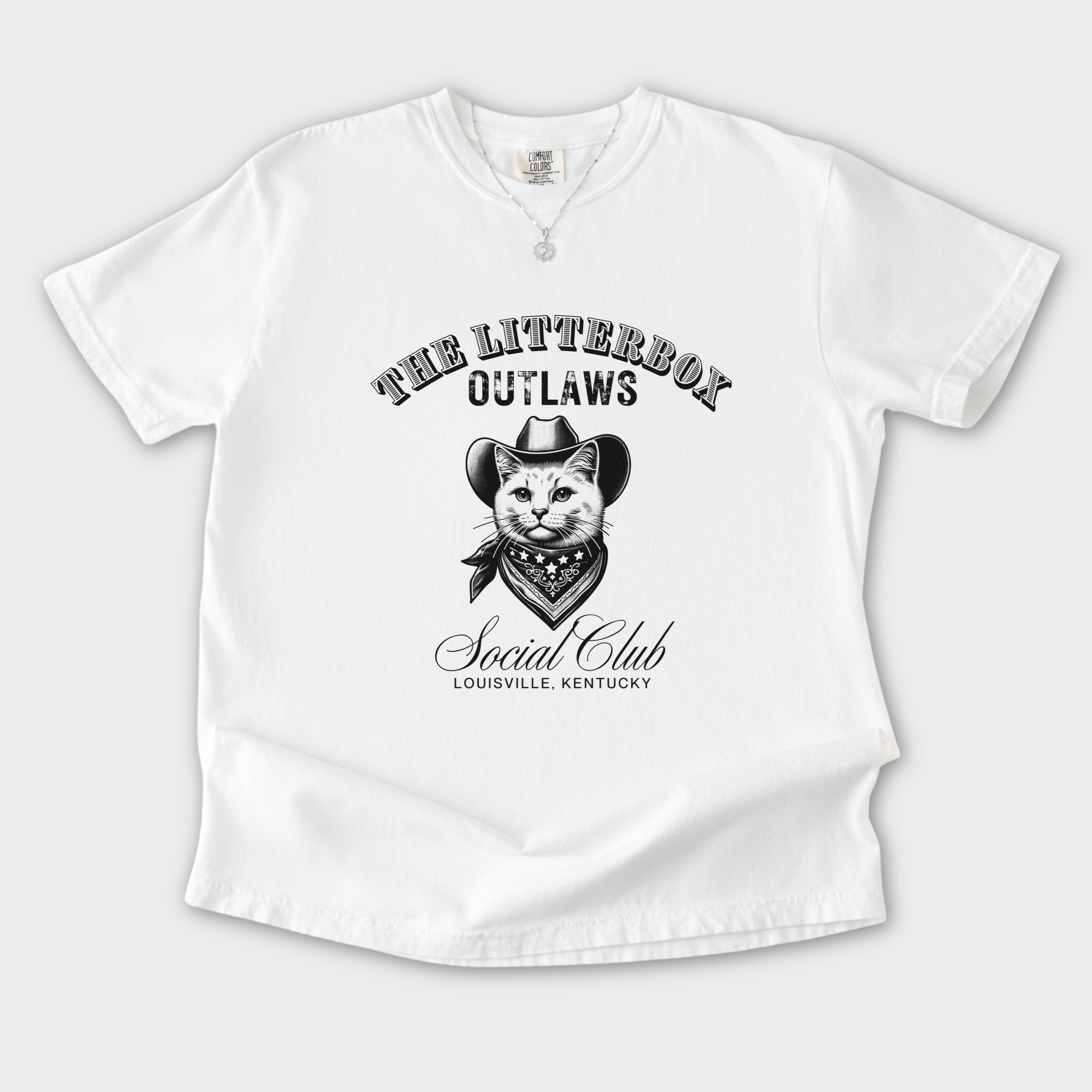 retro-cat-cowboy-litterbox-t-shirt-in-white - White Flat Lay Front