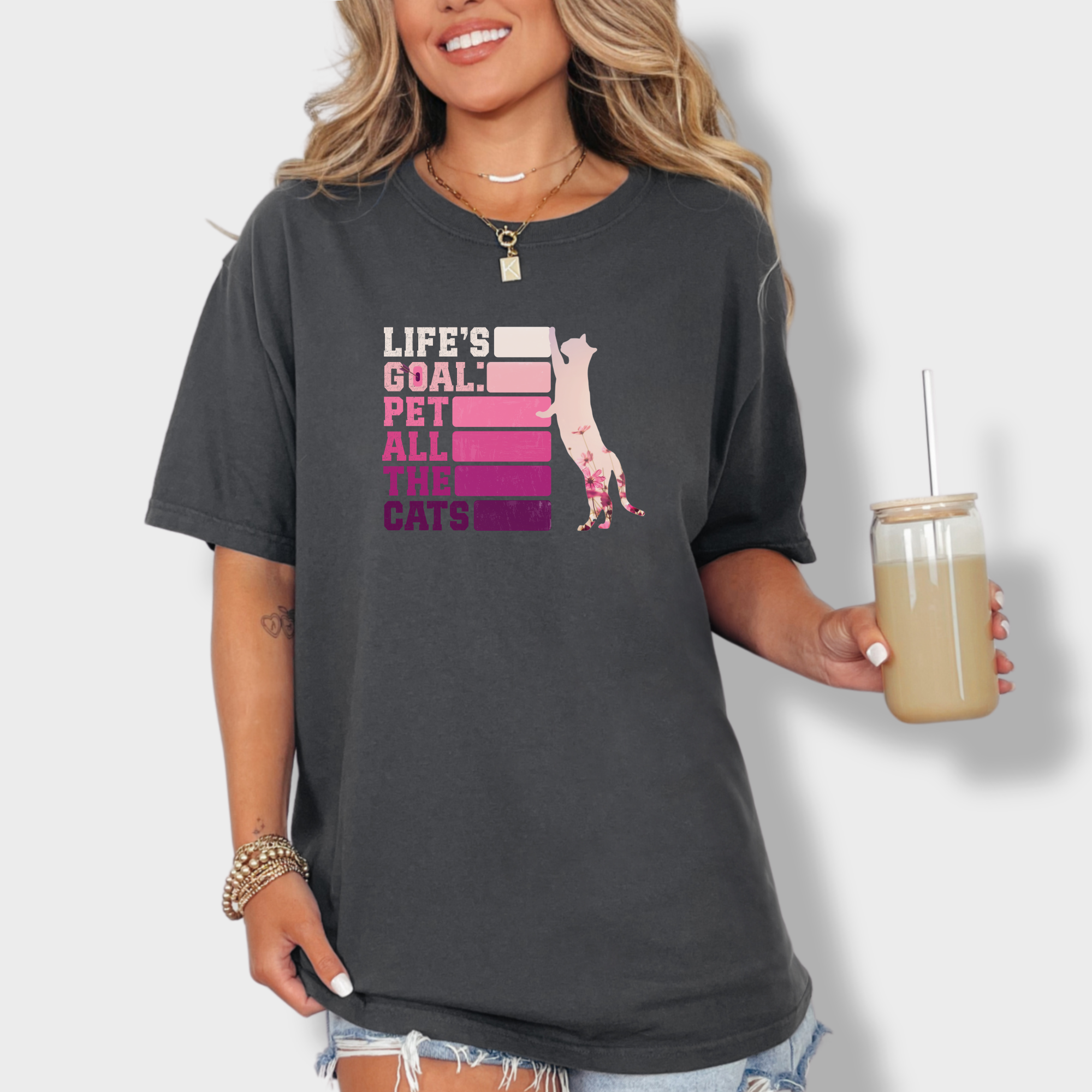 artistic-pet-all-the-cats-cat-text-comfort-colors-t-shirt-in-graphite - Graphite Lifestyle Female Model
