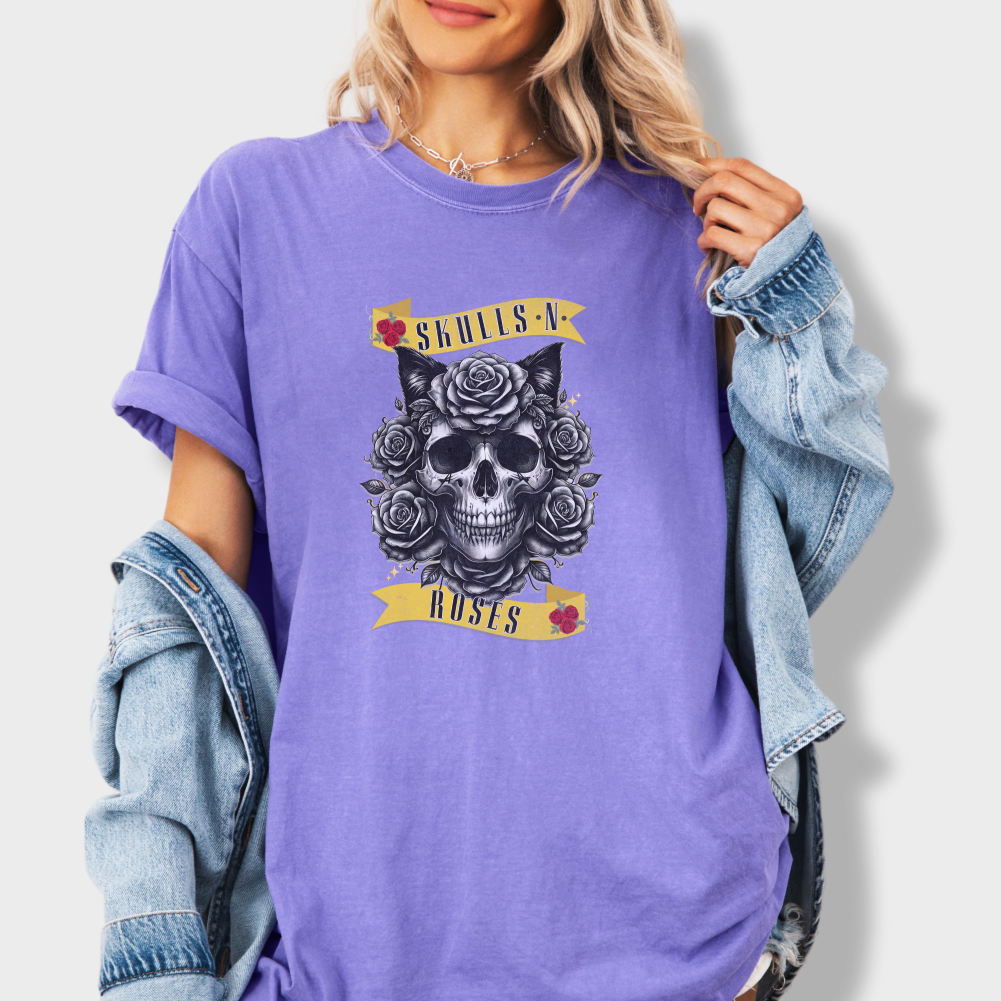 floral-pet-skulls-n-roses-solo-band-pet-skeleton-comfort-colors-t-shirt-in-violet - Violet Lifestyle Female Model
