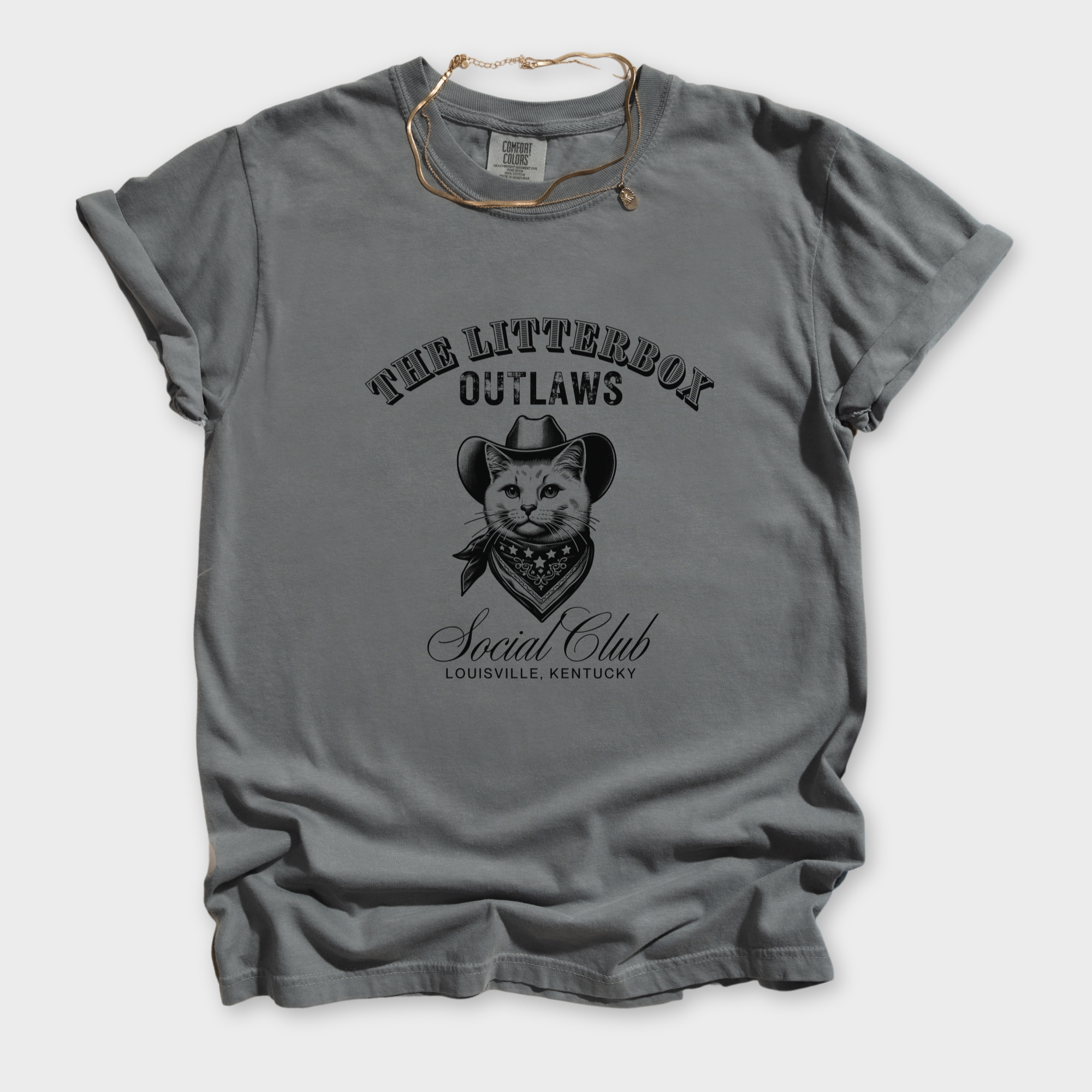 retro-cat-cowboy-litterbox-t-shirt-in-grey - Grey Flat Lay Front