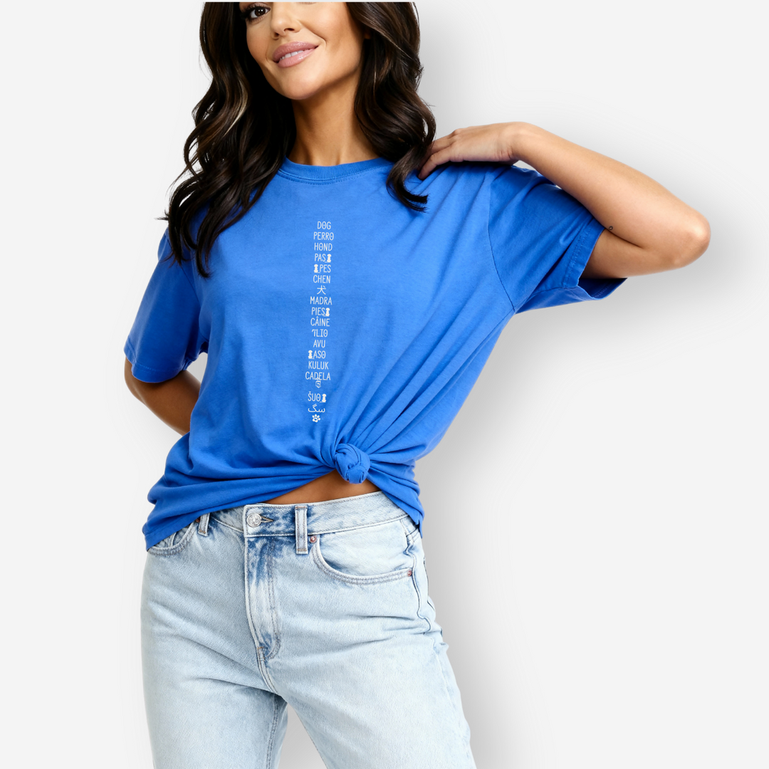 Minimalist-DOG In Many Languages  Graphic-Pet-Pixelated Art-Comfort Colors®-Tshirt-in-Flo Blue - Flo Blue Female