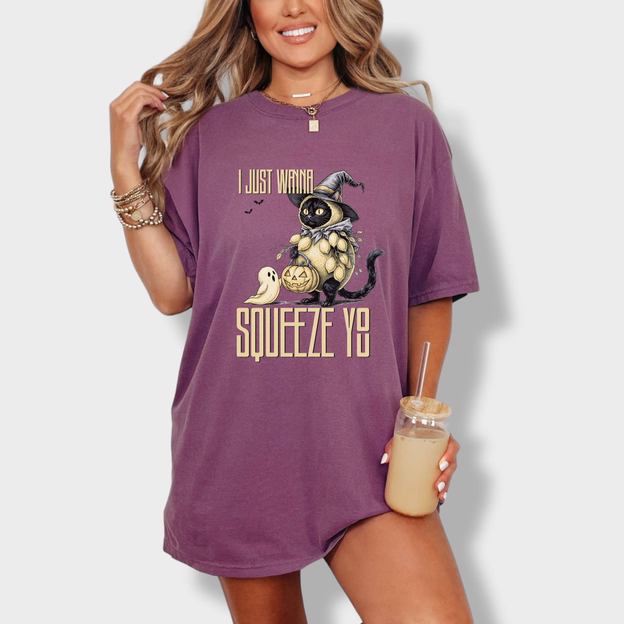 line-art-i-just-wanna-squeeze-you-lemon-trick-or-treater-cat-graphic-comfort-colors-t-shirt-in-berry - Berry Lifestyle Female Model