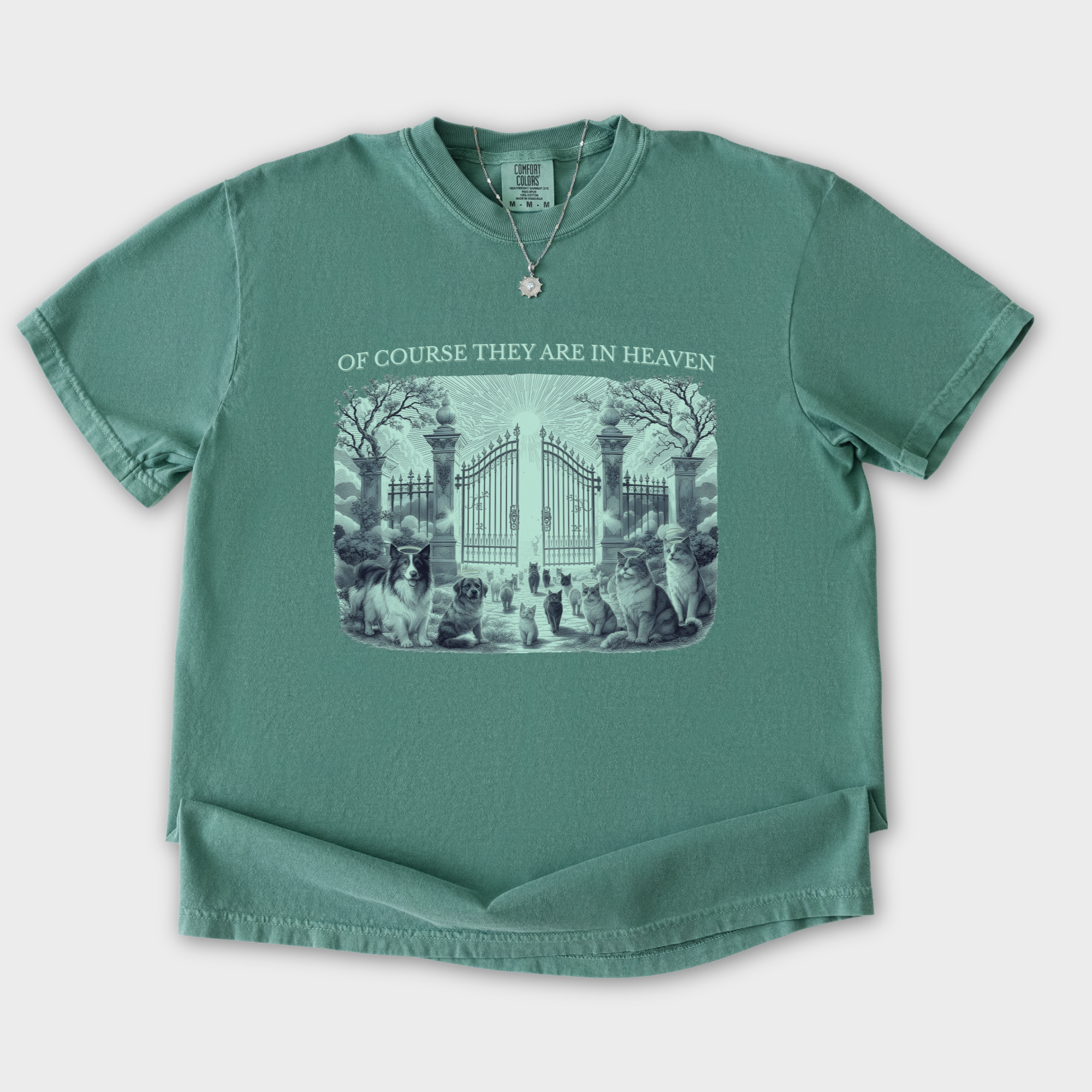 fetch-n-found  unisex tee for men and women featuring , Of Course They Are In Heaven Green Light Green graphic T-Shirt made of 100% cotton - Light Green Flat Lay Front